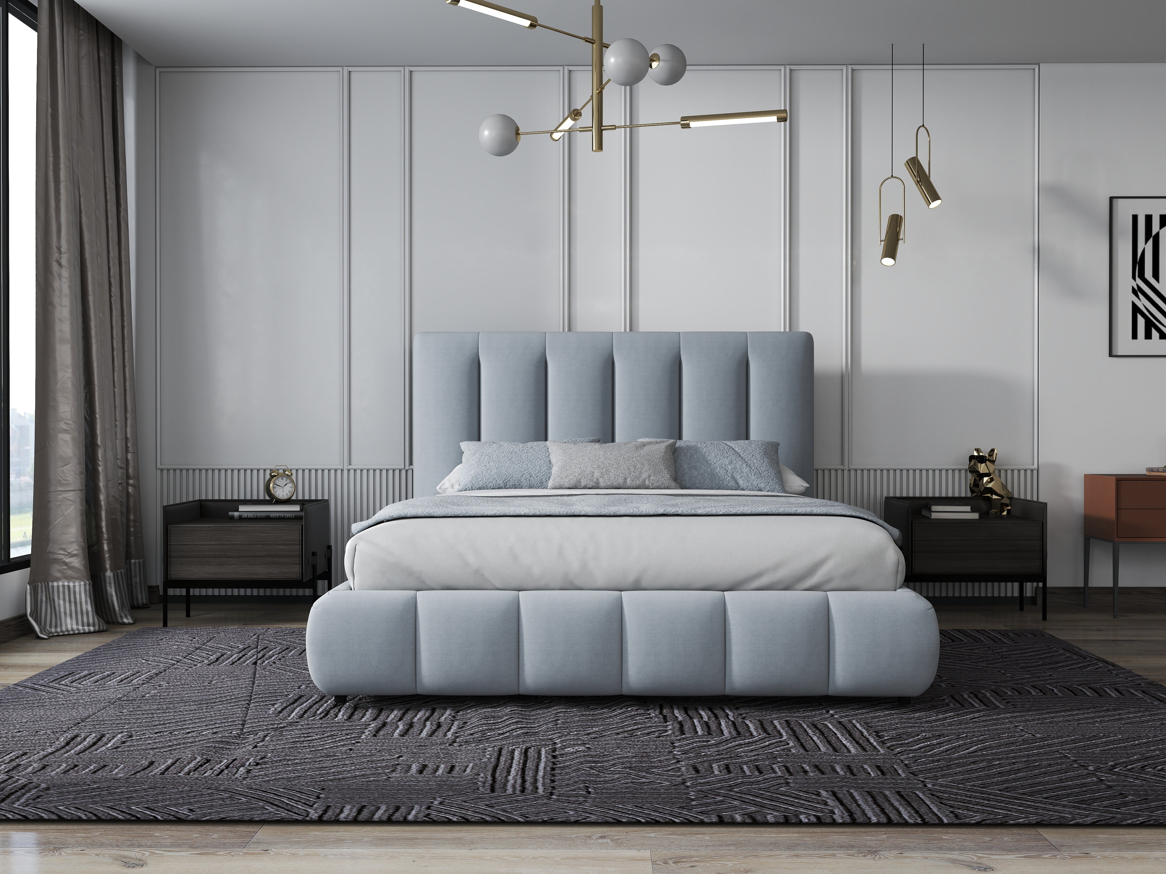 Pat dormitor dumonde, tapitat gri, Divaneo 160x200 cm, somiera rabatabila inclusa, spatiu depozitare WLS