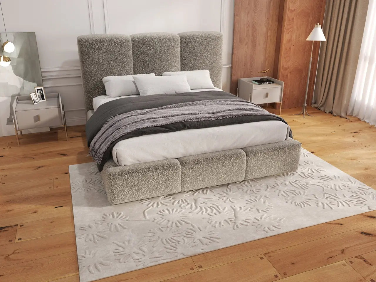 Pat dormitor dumonde, tapitat gri, Dinasty 160x200 cm, somiera rabatabila inclusa, spatiu depozitare WLS