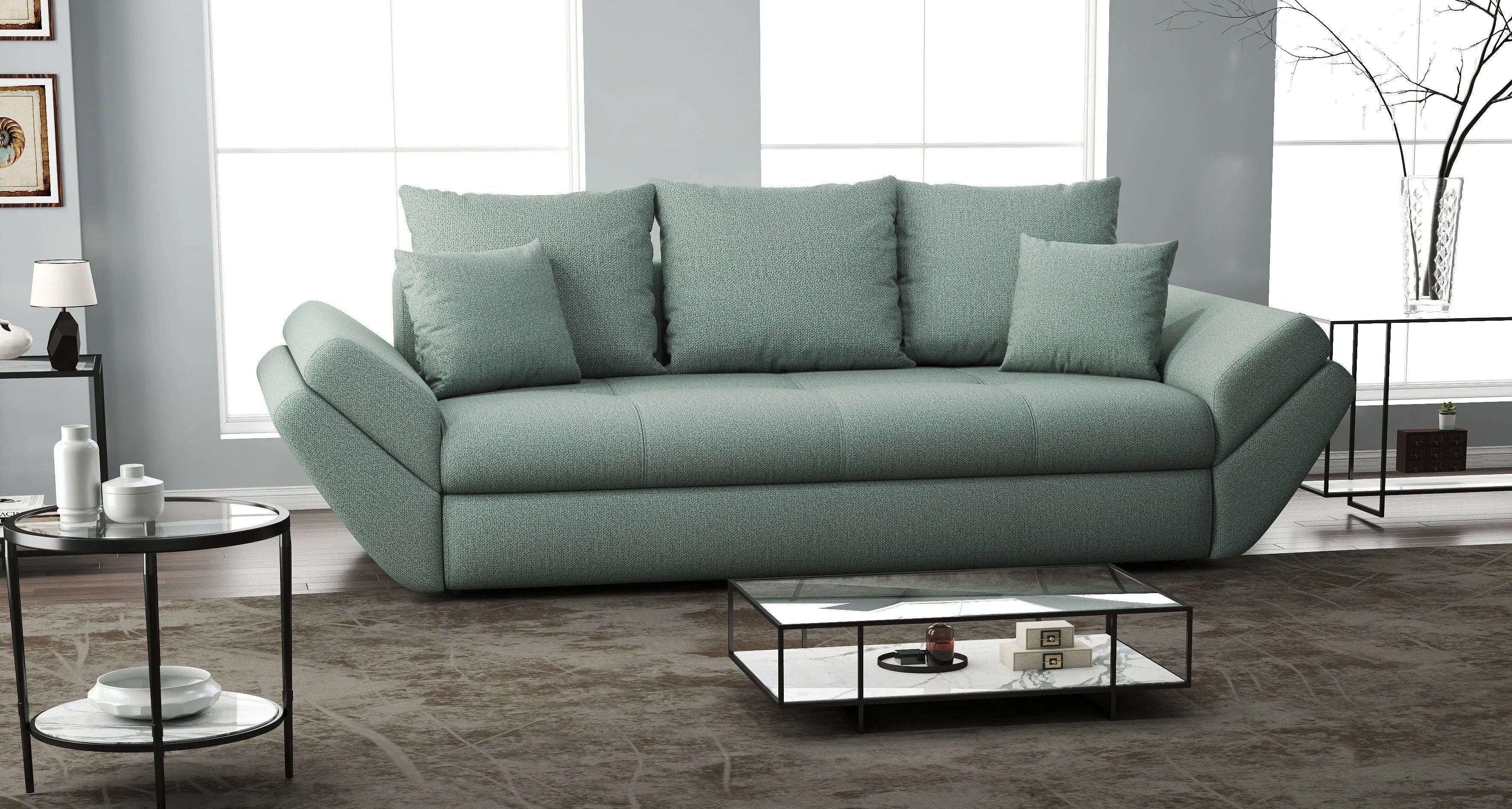 Canapea extensibilă dumonde cu ladă de depozitare si sezut confortabil din spuma HR, Loana Enjoy Mint 250x100 cm Fabrica