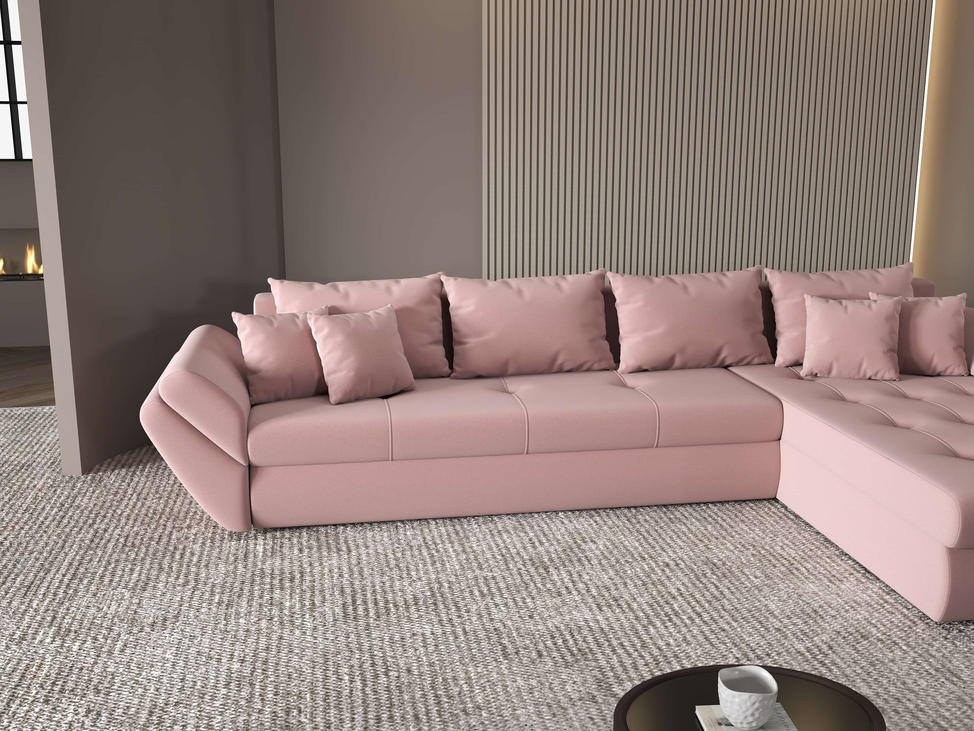 Colțar extensibil dumonde cu ladă de depozitare si sezut confortabil din spuma HR, Loana XL Royal Roz II 335x185 cm Fabrica