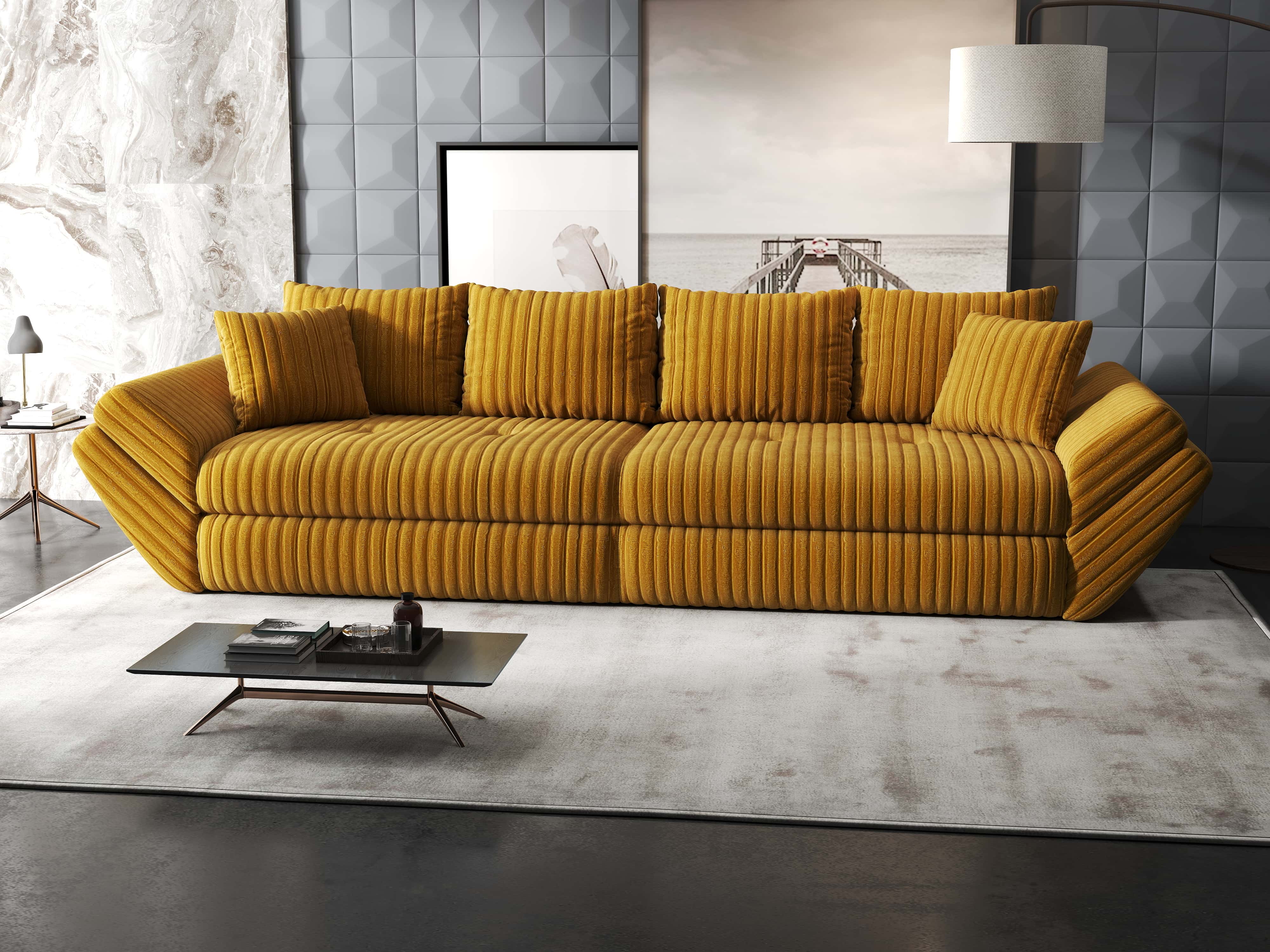 Canapea extensibilă dumonde cu ladă de depozitare si sezut confortabil din spuma HR, Loana Ambience Mustar 300x100 cm Fabrica