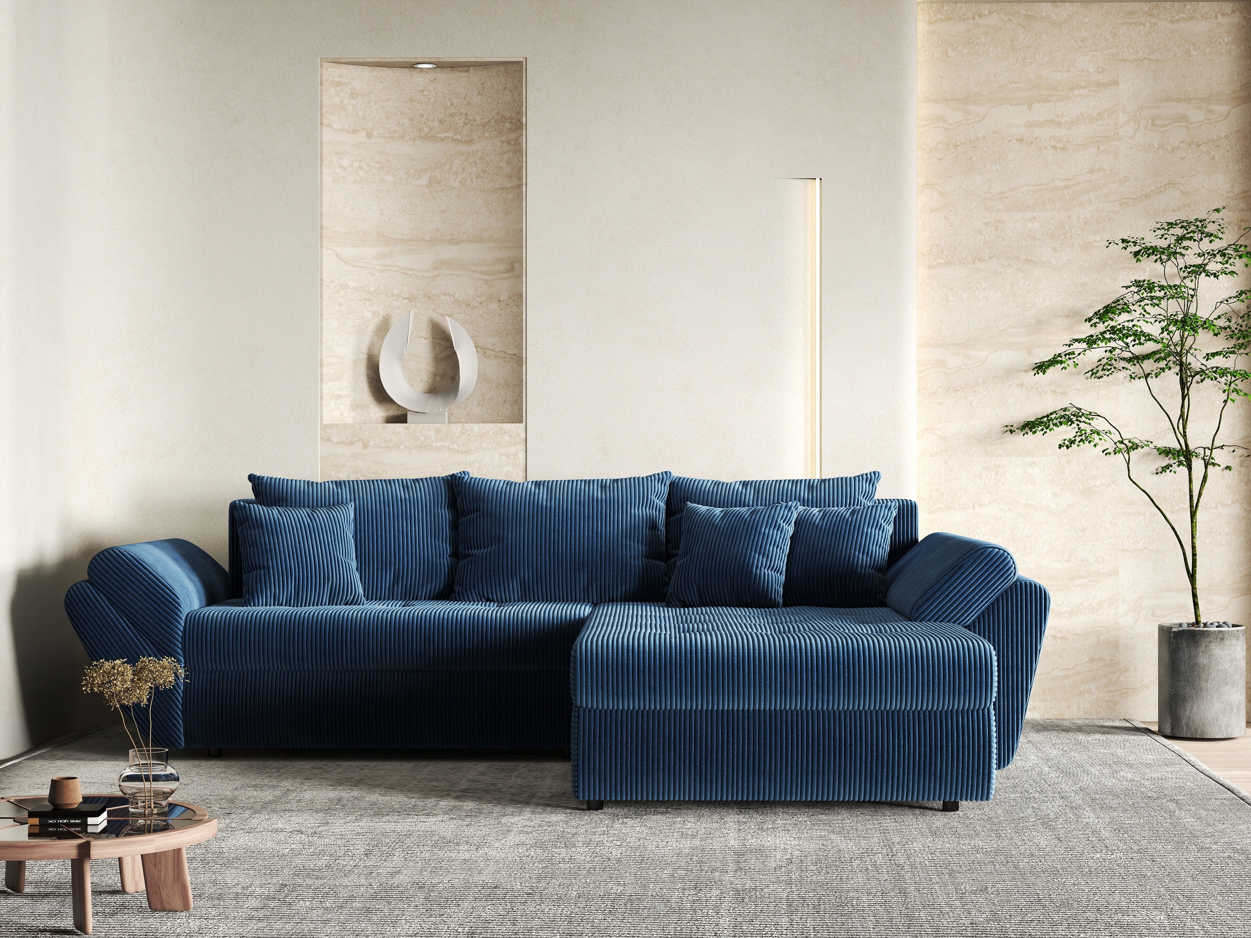 Colțar extensibil dumonde cu ladă de depozitare si sezut confortabil din spuma HR, Loana Zoom Blue II 270x185 cm Fabrica