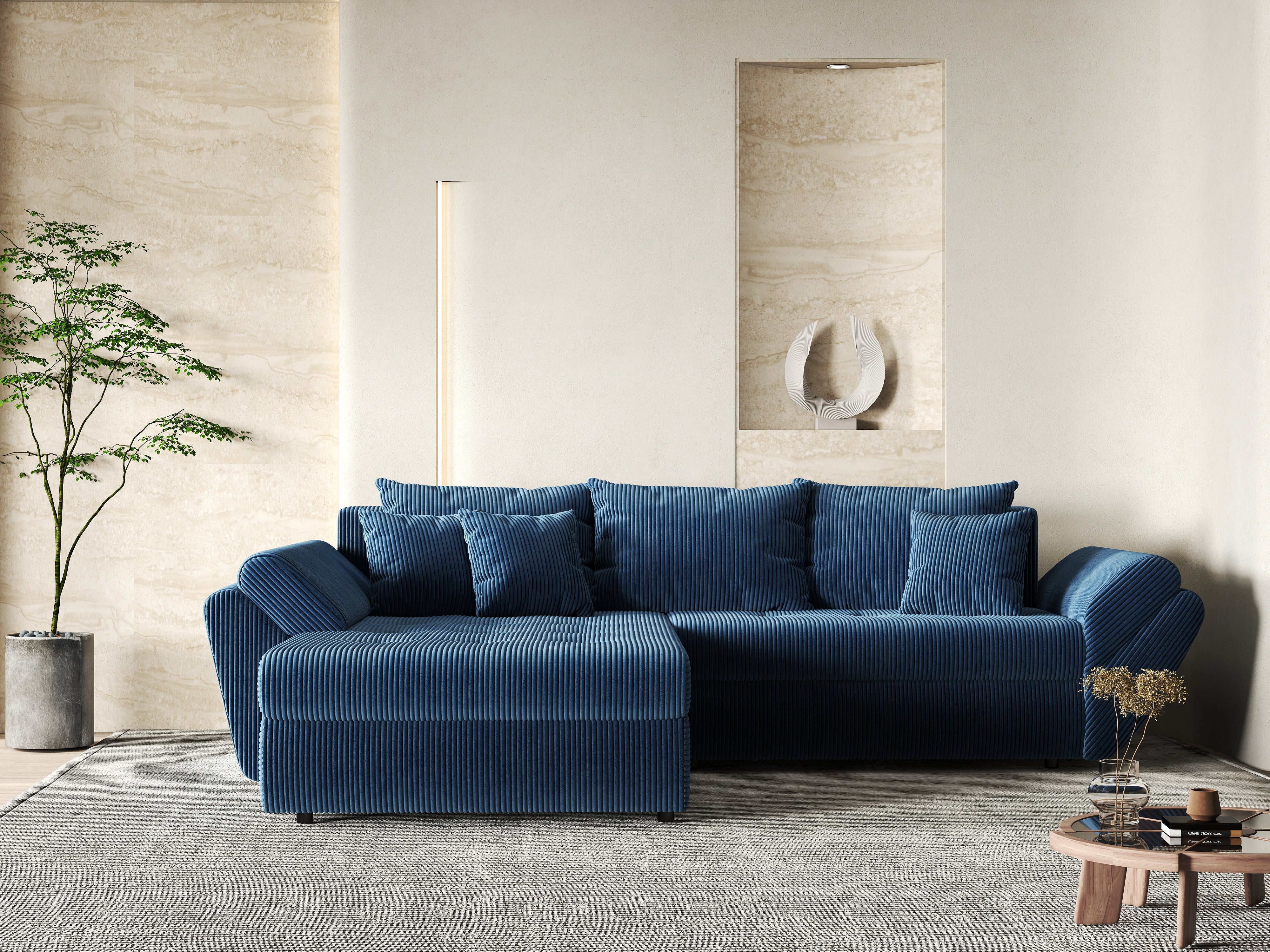 Colțar extensibil dumonde cu ladă de depozitare si sezut confortabil din spuma HR, Loana Zoom Blue 270x185 cm Fabrica
