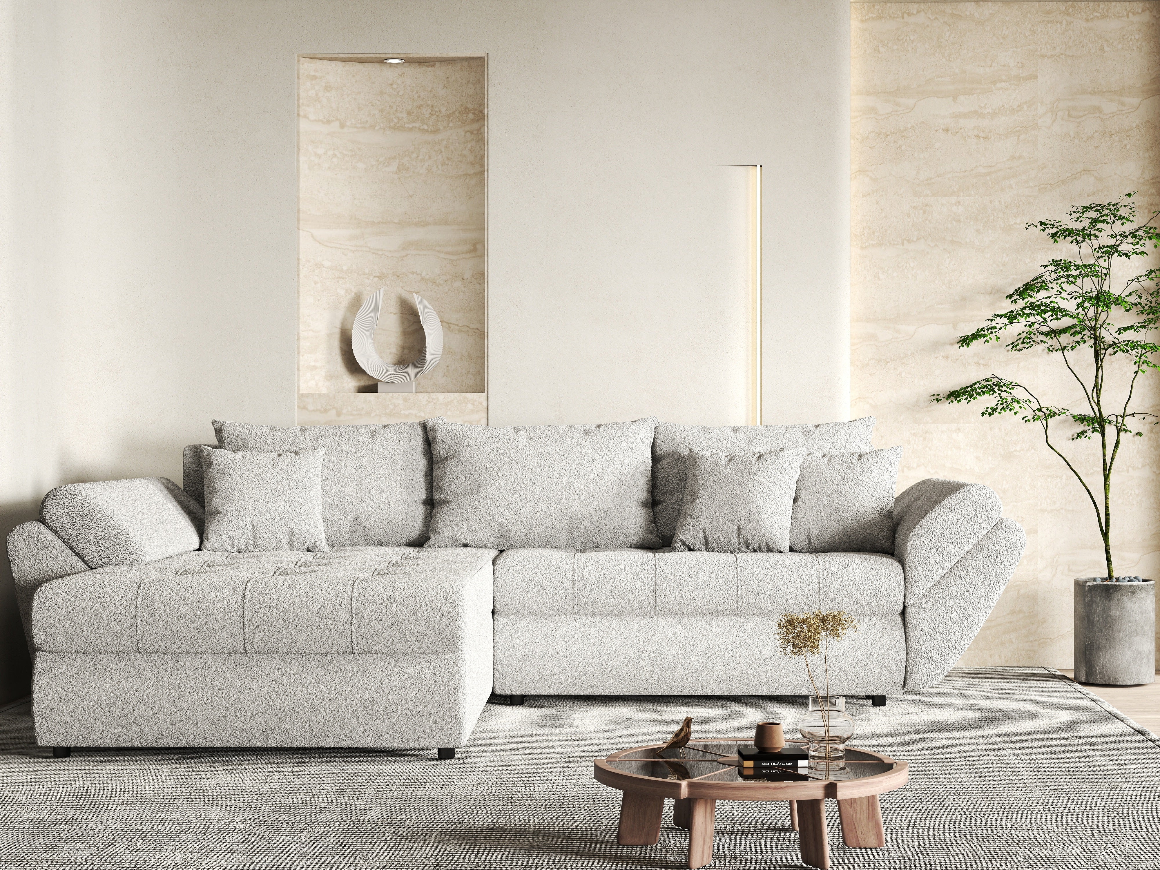 Colțar extensibil dumonde cu ladă de depozitare si sezut confortabil din spuma HR, Loana Euphoria Dove 270x185 cm Fabrica