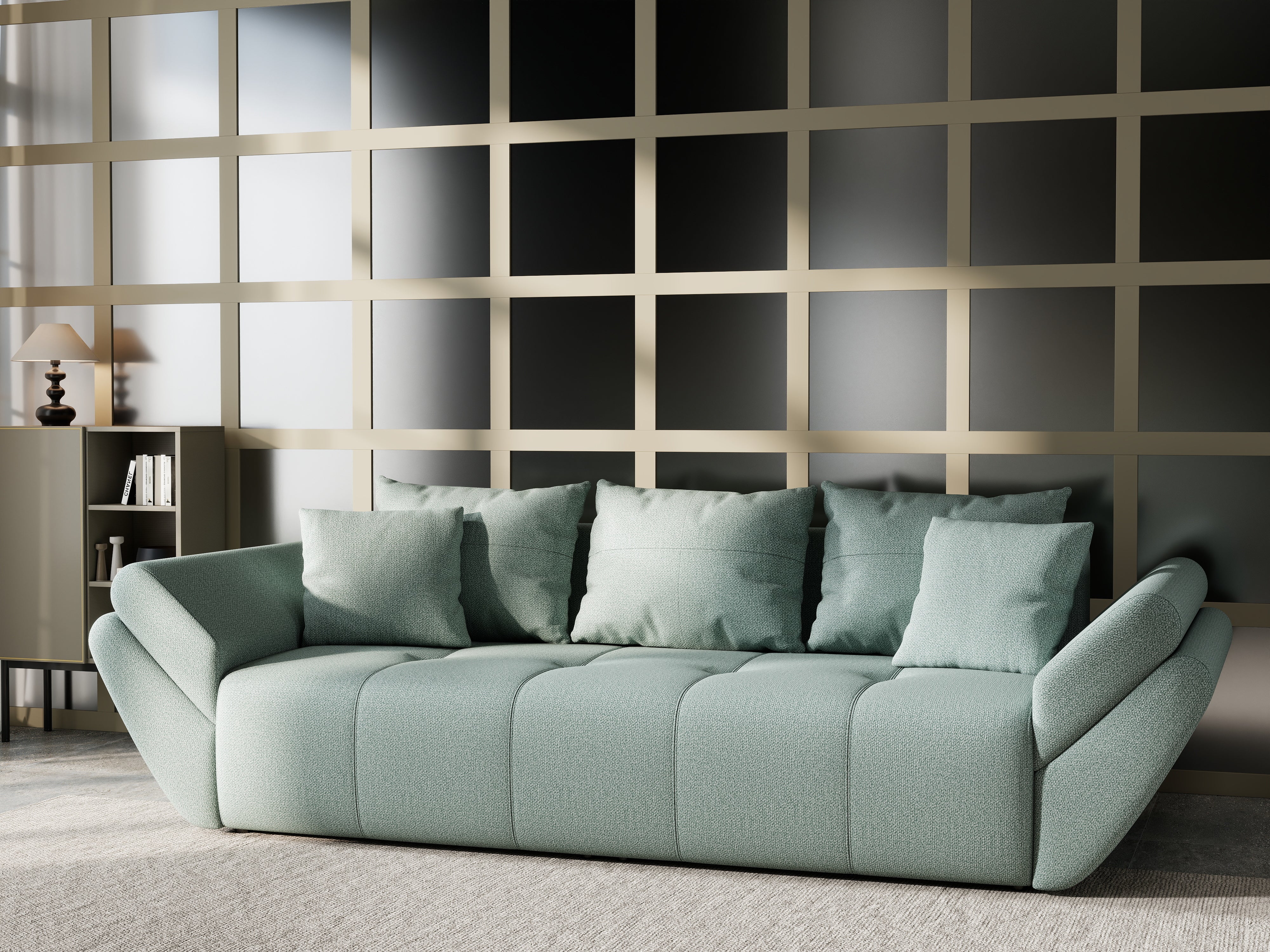 Canapea extensibilă dumonde cu ladă de depozitare si sezut confortabil din spuma HR, Berlin Mint 250x100 cm Fabrica