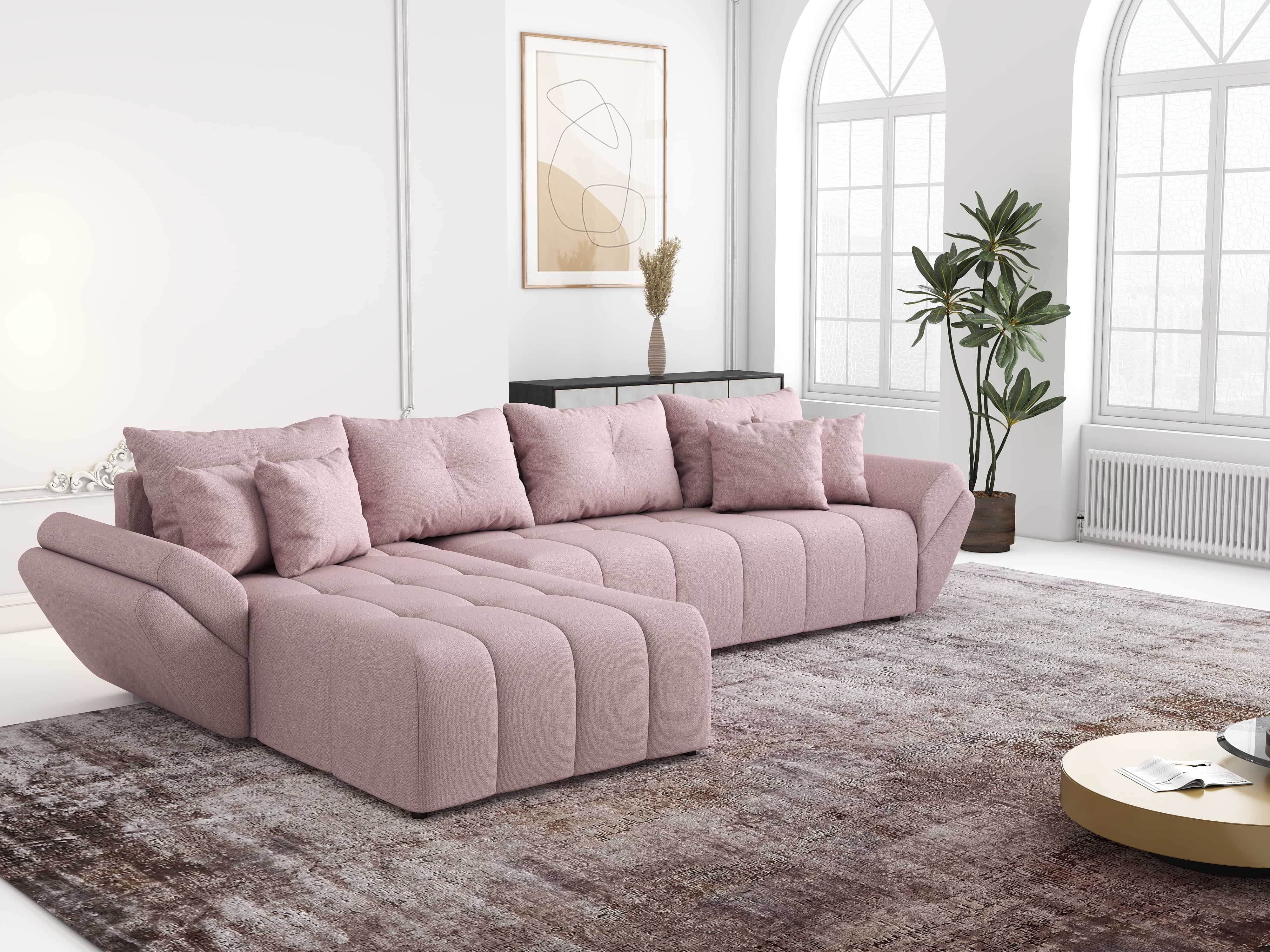 Colțar extensibil dumonde cu ladă de depozitare si sezut confortabil din spuma HR, Berlin XL Enjoy Flamingo 350x185 cm Fabrica