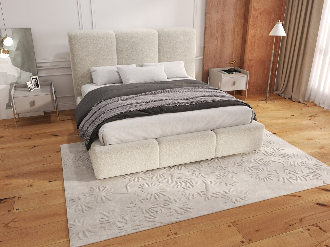 Pat dormitor dumonde, tapitat bej, Dinasty 160x200 cm, somiera rabatabila inclusa, spatiu depozitare