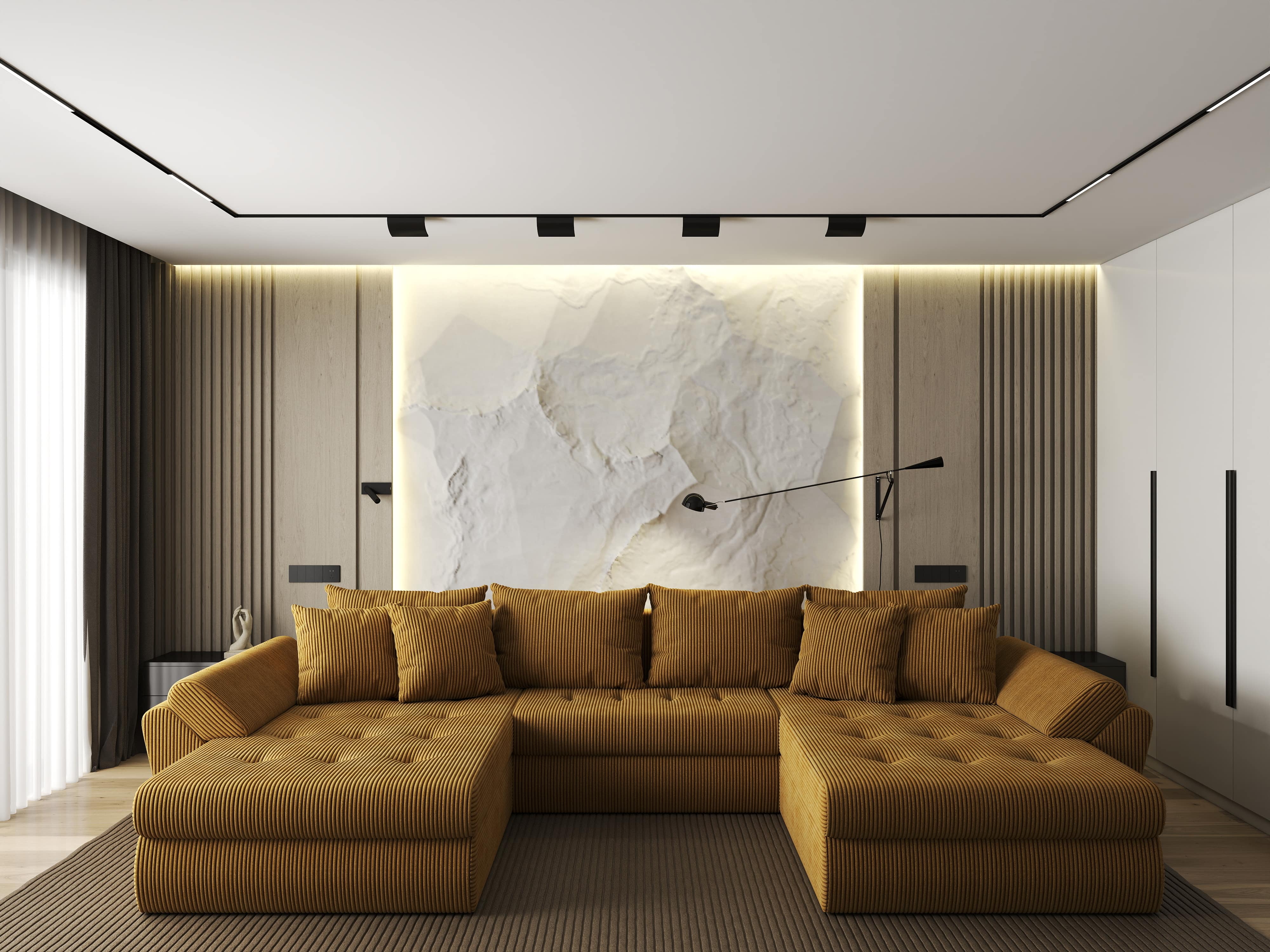 Colțar extensibil dumonde cu ladă de depozitare si sezut confortabil din spuma HR, Loana U Zoom Mustar 355x185 cm Fabrica