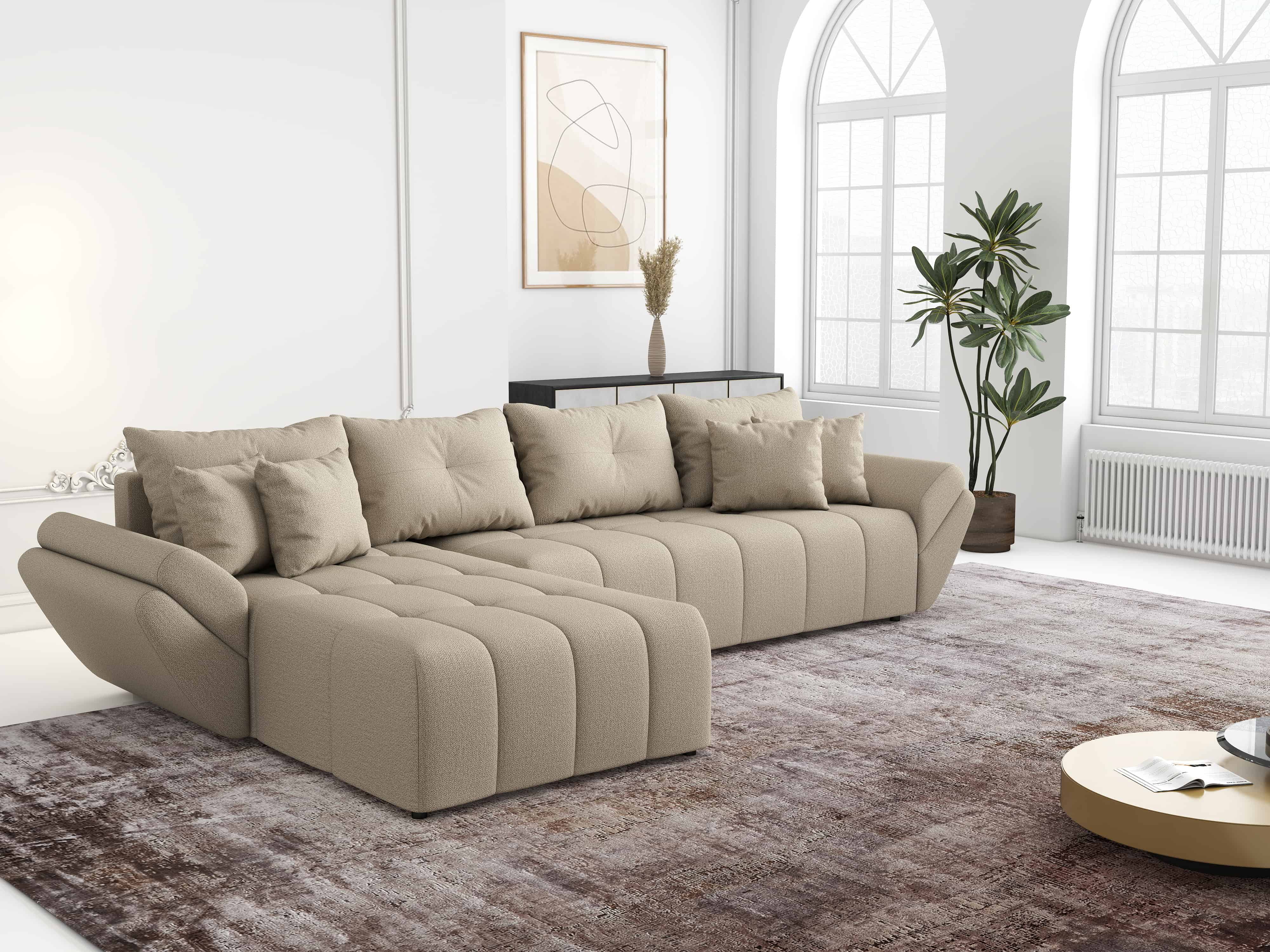 Colțar extensibil dumonde cu ladă de depozitare si sezut confortabil din spuma HR, Berlin XL Enjoy Camel 350x185 cm Fabrica