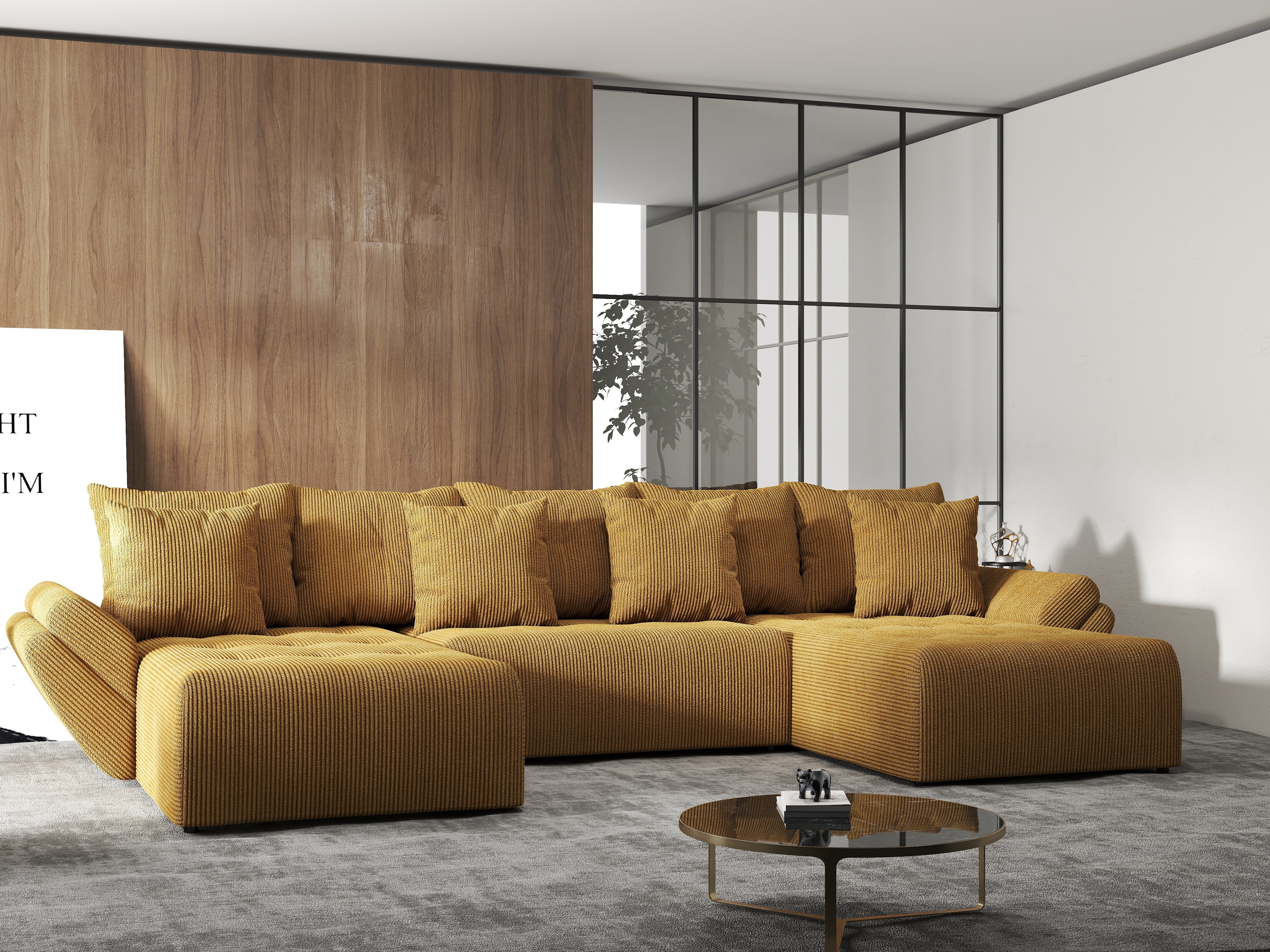 Colțar extensibil dumonde cu ladă de depozitare si sezut confortabil din spuma HR, Berlin U Zoom Mustar 380x180 cm Fabrica