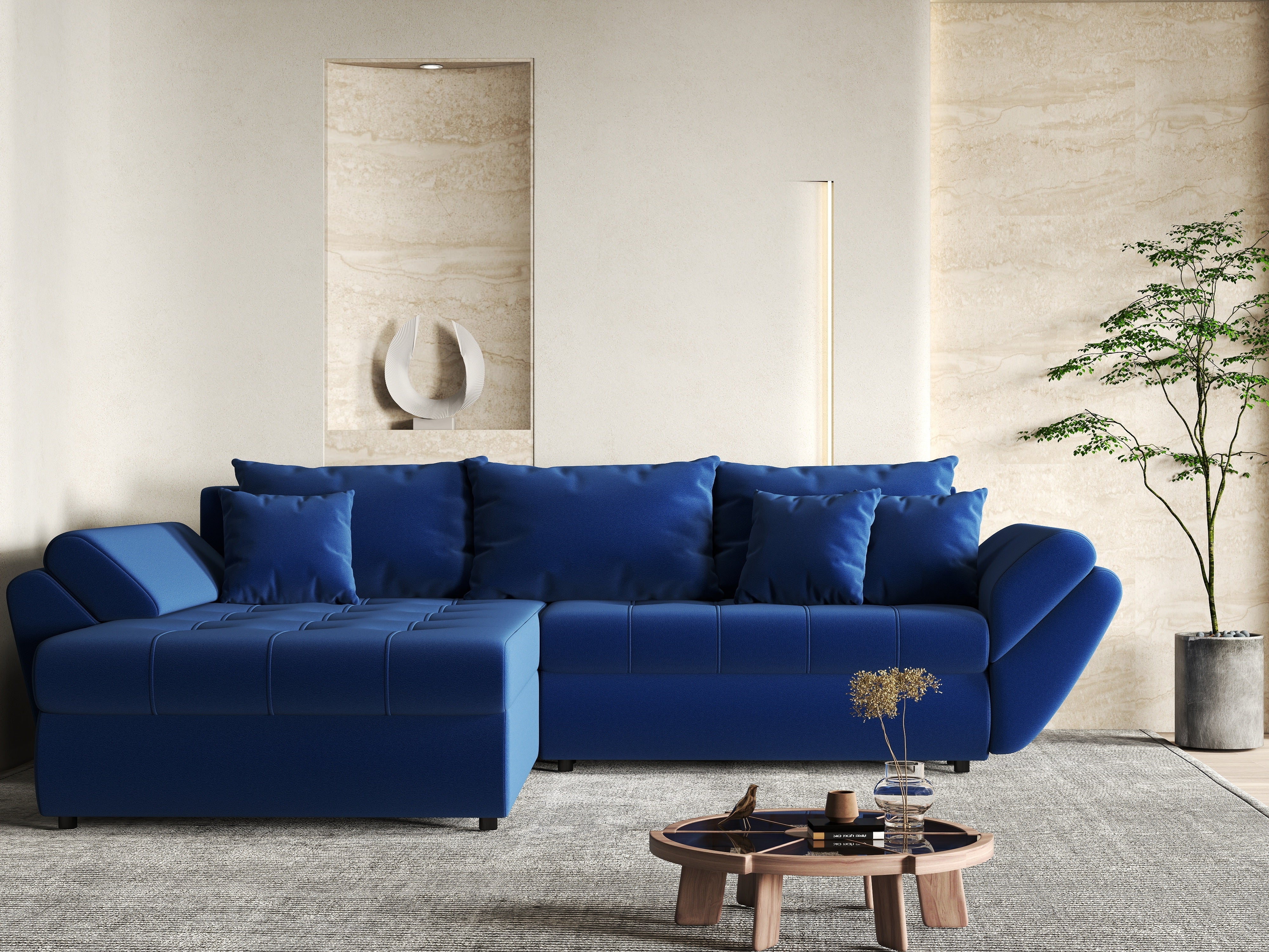 Colțar extensibil dumonde cu ladă de depozitare si sezut confortabil din spuma HR, Loana Royal Blue 270x185 cm Fabrica