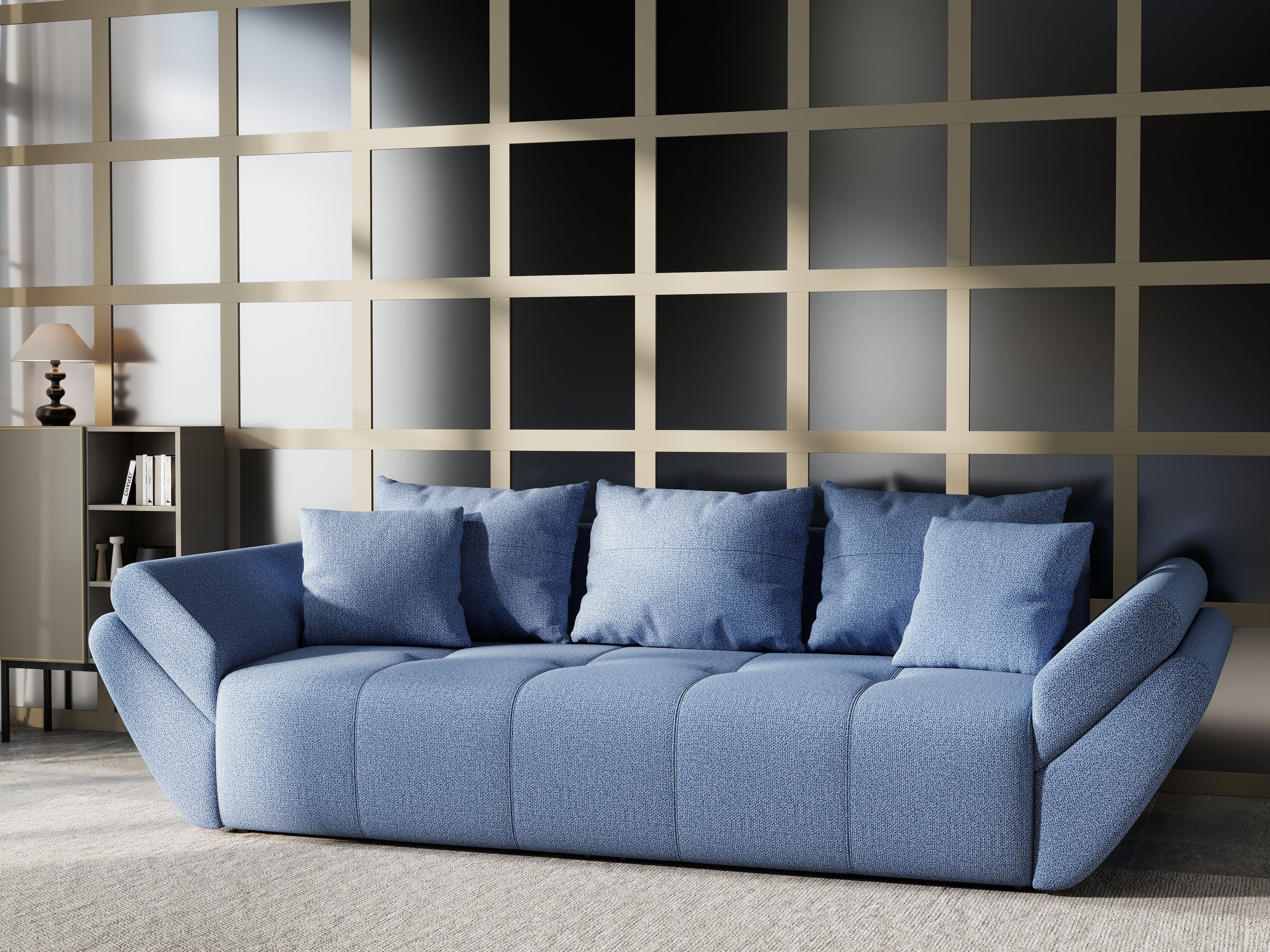 Canapea extensibilă dumonde cu ladă de depozitare si sezut confortabil din spuma HR, Berlin Enjoy Blue 250x100 cm Fabrica