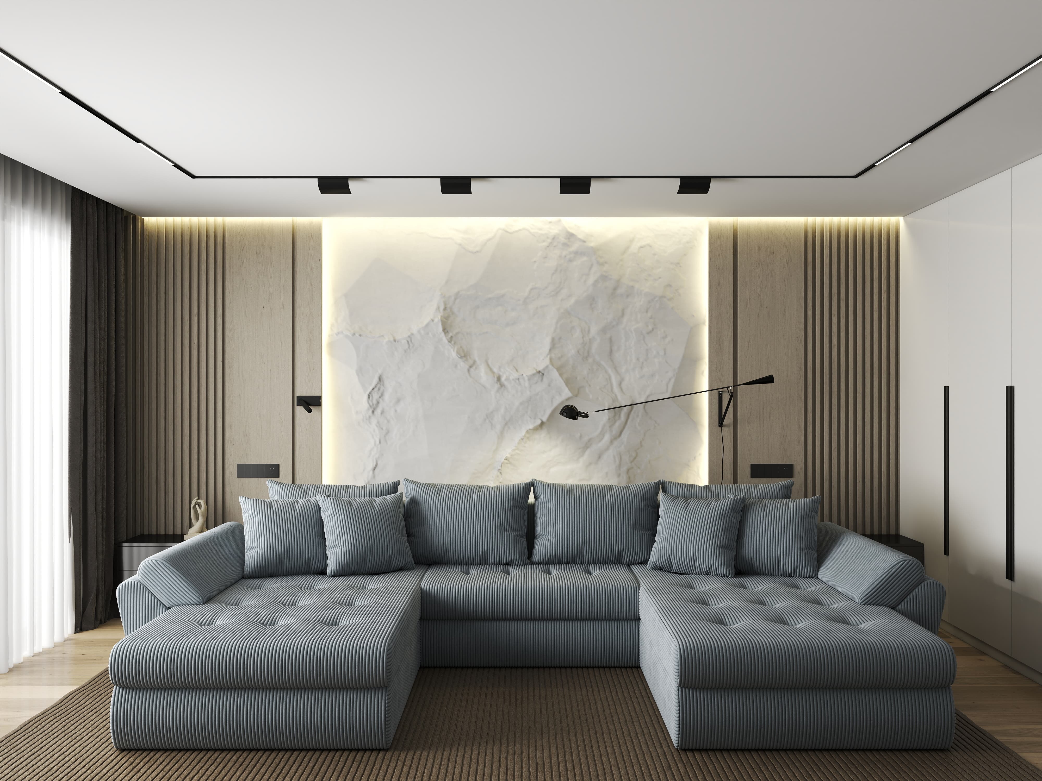 Colțar extensibil dumonde cu ladă de depozitare si sezut confortabil din spuma HR, Loana U Zoom Grey 355x185 cm Fabrica