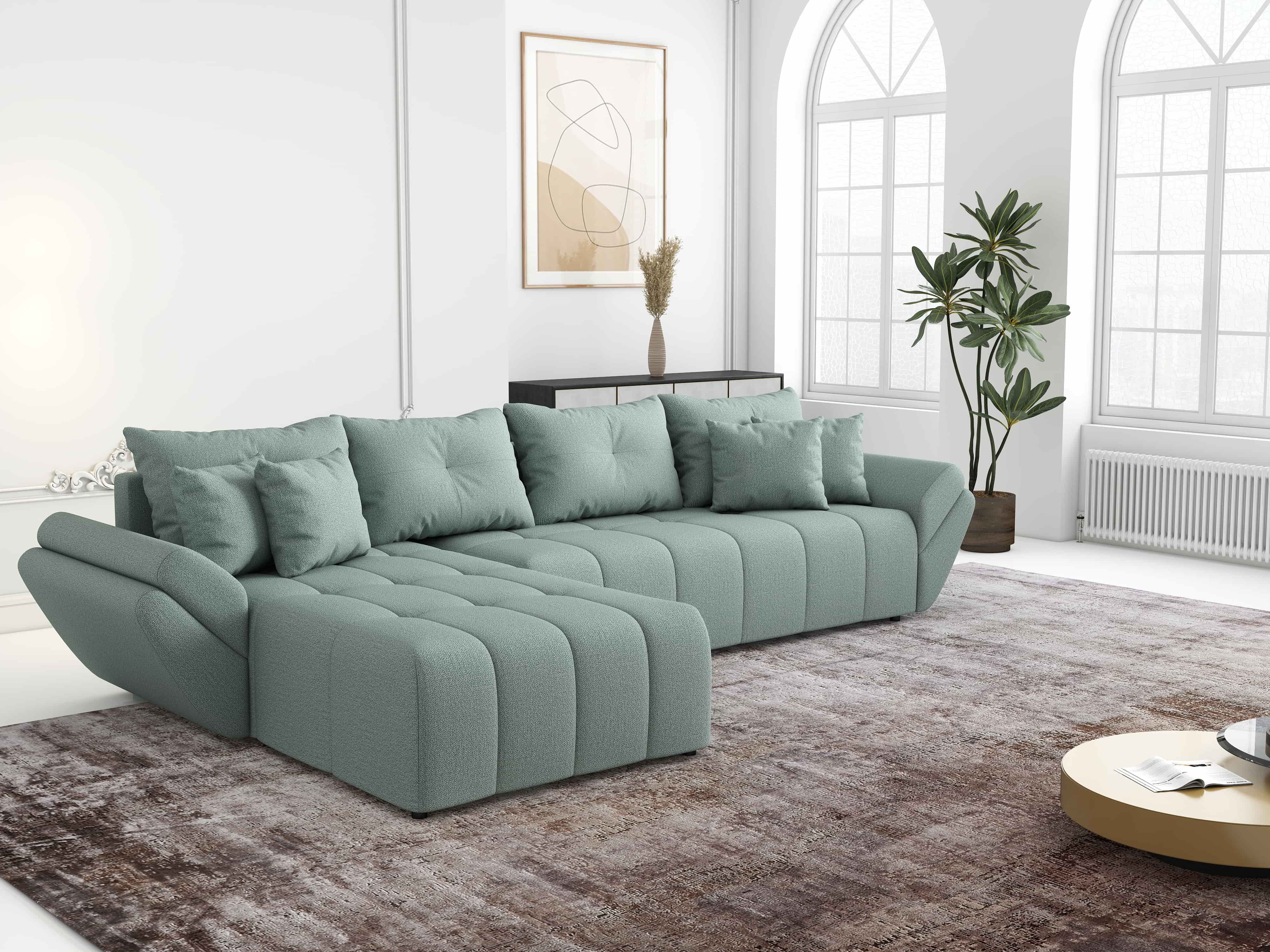 Colțar extensibil dumonde cu ladă de depozitare si sezut confortabil din spuma HR, Berlin XL Enjoy Mint 350x185 cm Fabrica