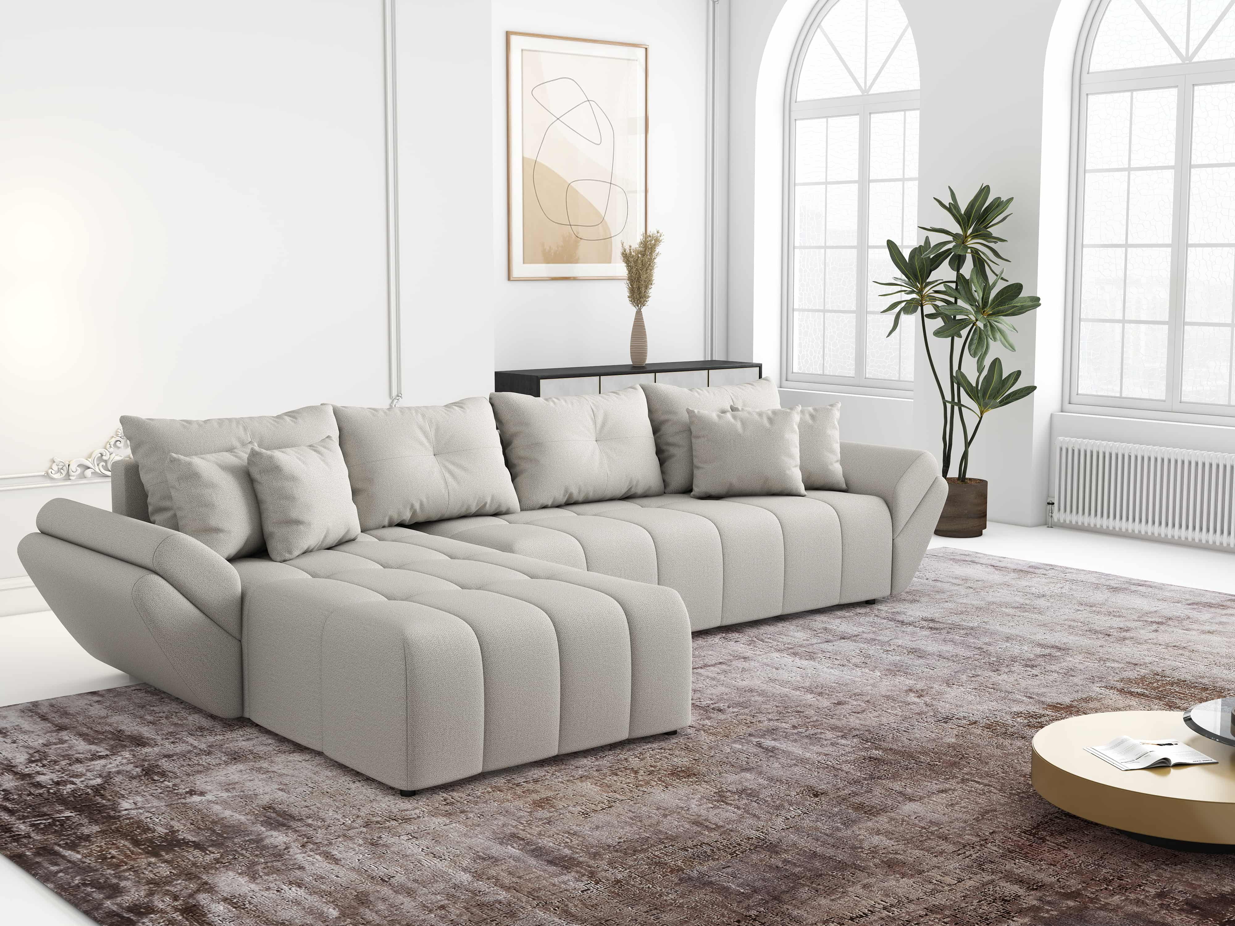 Colțar extensibil dumonde cu ladă de depozitare si sezut confortabil din spuma HR, Berlin XL Enjoy Beige 350x185 cm Fabrica