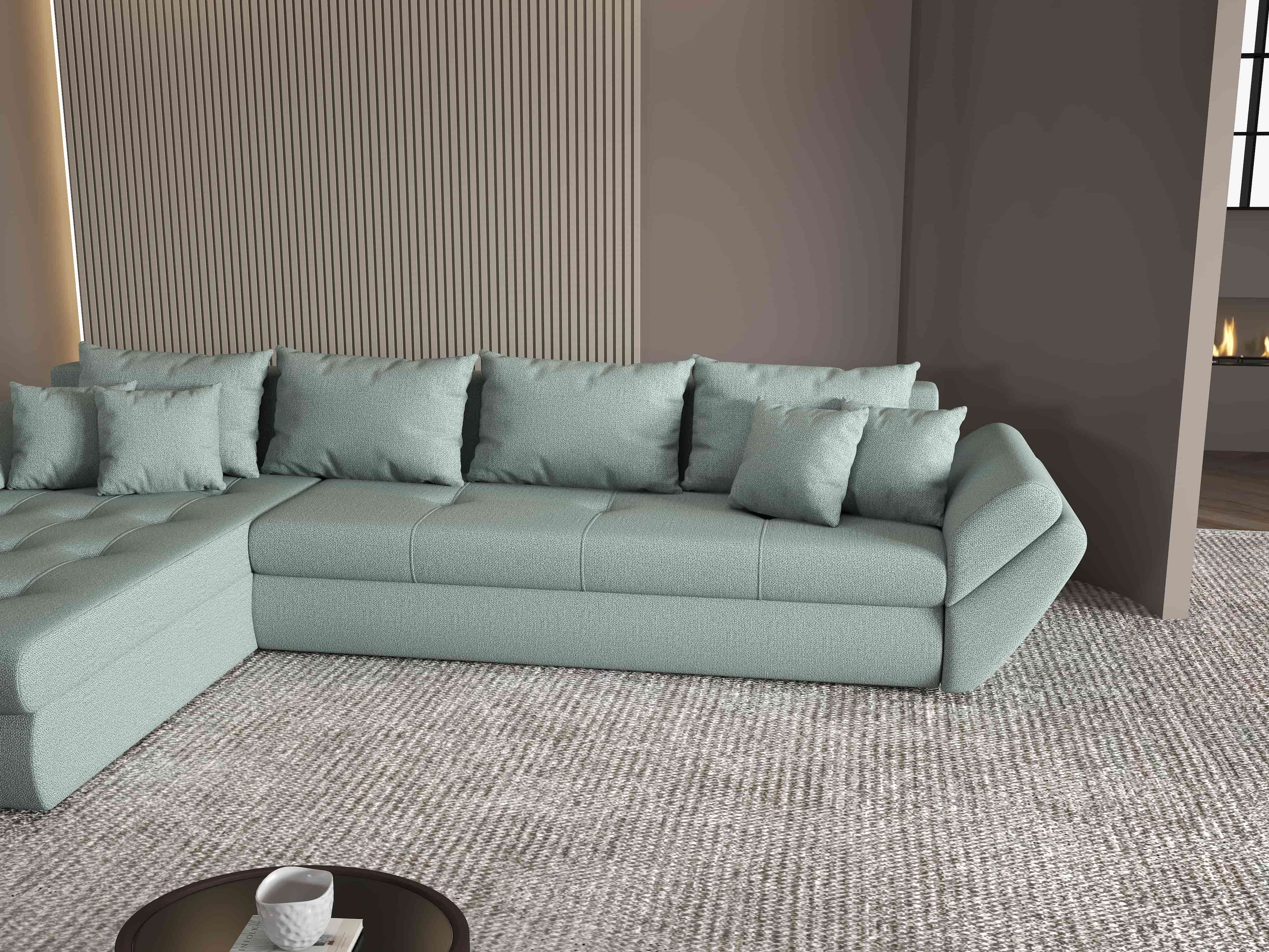 Colțar extensibil dumonde cu ladă de depozitare si sezut confortabil din spuma HR, Loana XL Enjoy Mint 335x185 cm Fabrica