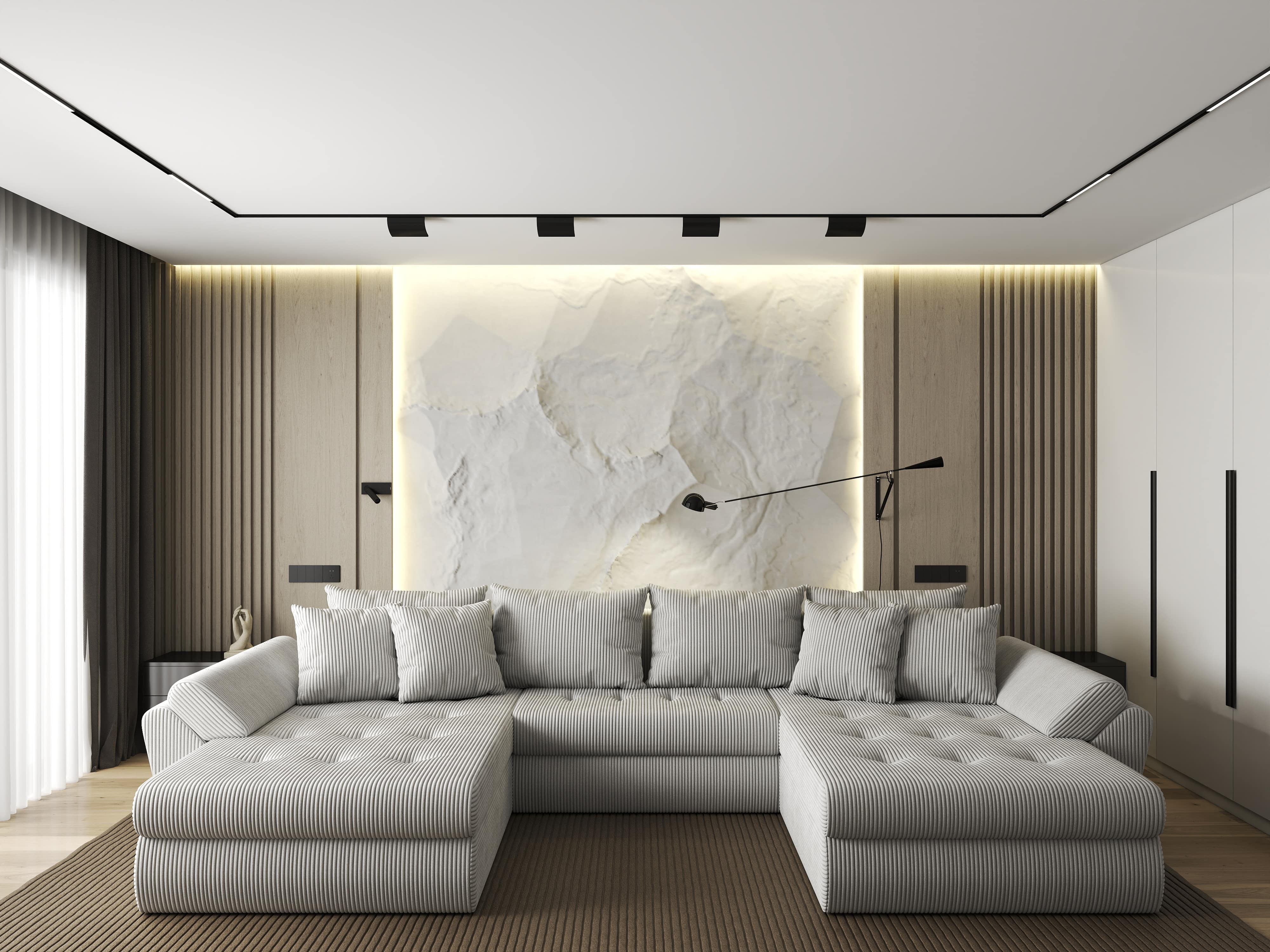 Colțar extensibil dumonde cu ladă de depozitare si sezut confortabil din spuma HR, Loana U Zoom Cream 355x185 cm Fabrica