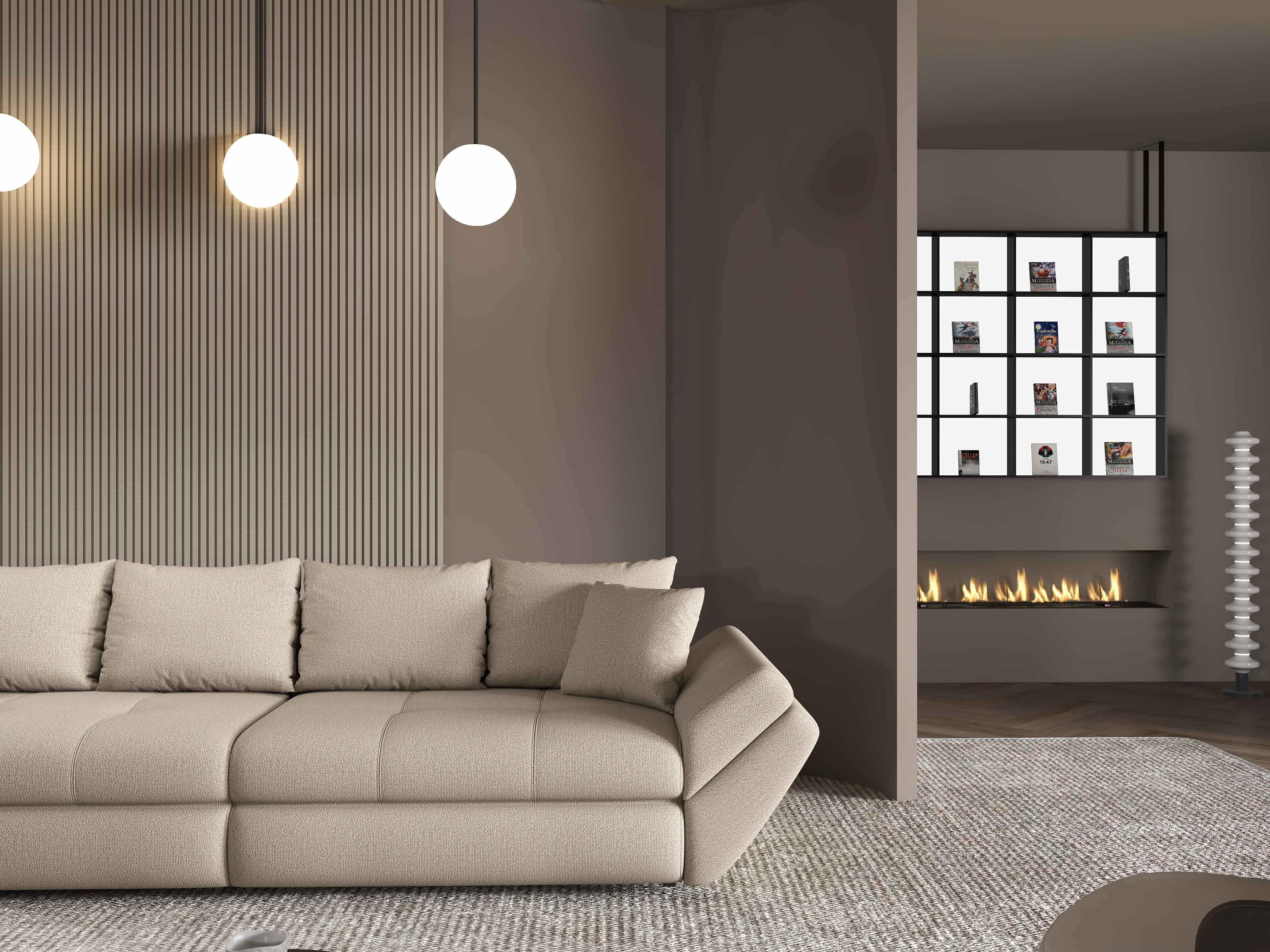 Canapea extensibilă dumonde cu ladă de depozitare si sezut confortabil din spuma HR, Loana Enjoy Camel 300x100 cm Fabrica