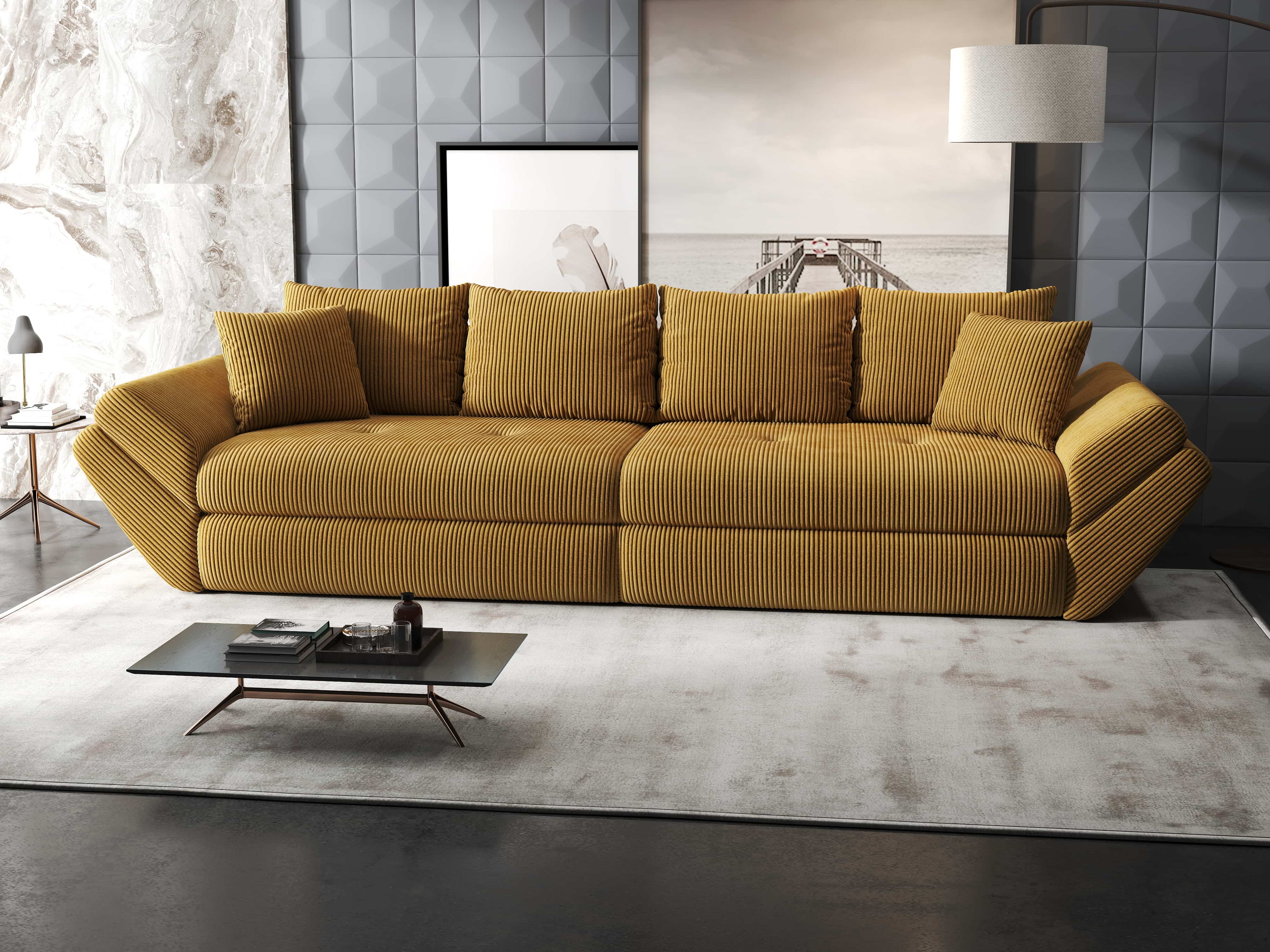 Canapea extensibilă dumonde cu ladă de depozitare si sezut confortabil din spuma HR, Loana Zoom Mustar 300x100 cm Fabrica