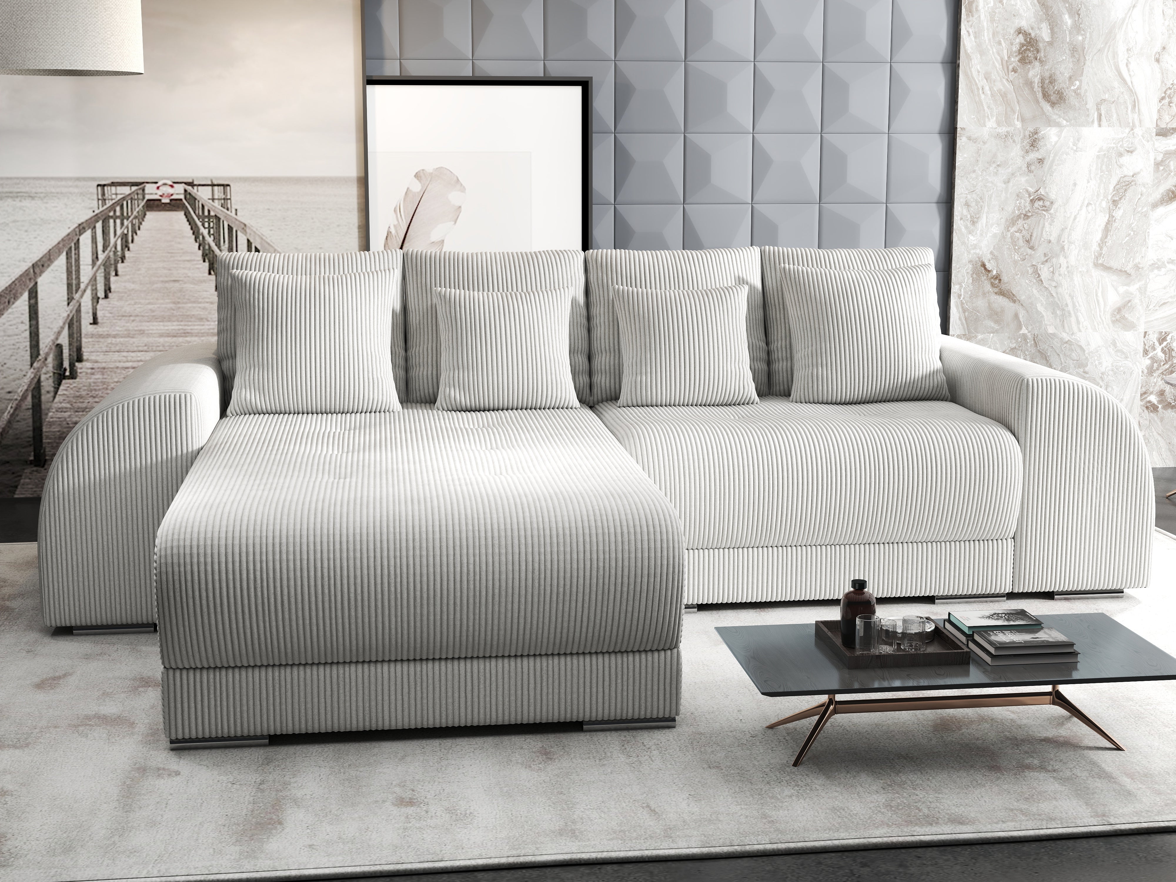 Colțar extensibil dumonde cu ladă de depozitare si sezut confortabil din spuma HR, Verona Zoom Crem 290x185 cm Fabrica