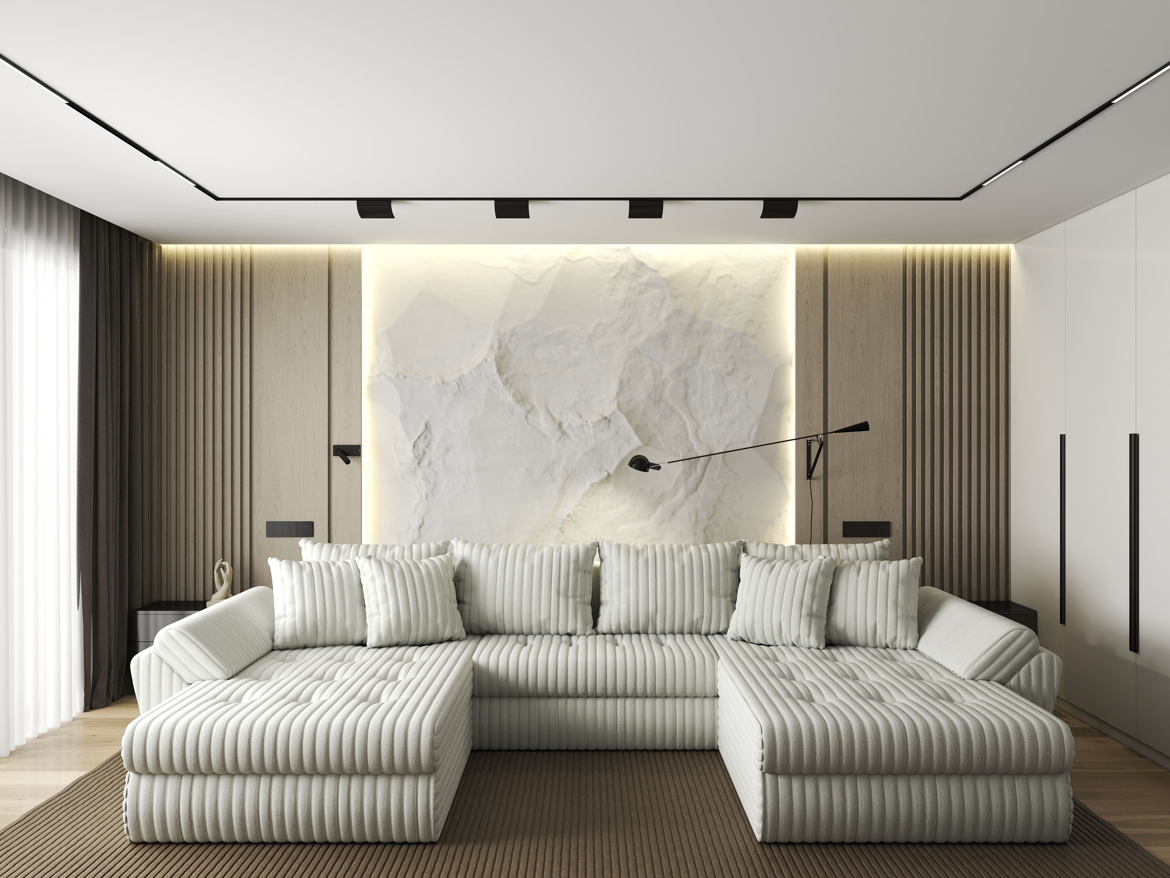 Colțar extensibil dumonde cu ladă de depozitare si sezut confortabil din spuma HR, Loana U Bej Ambience 355x185 cm Fabrica