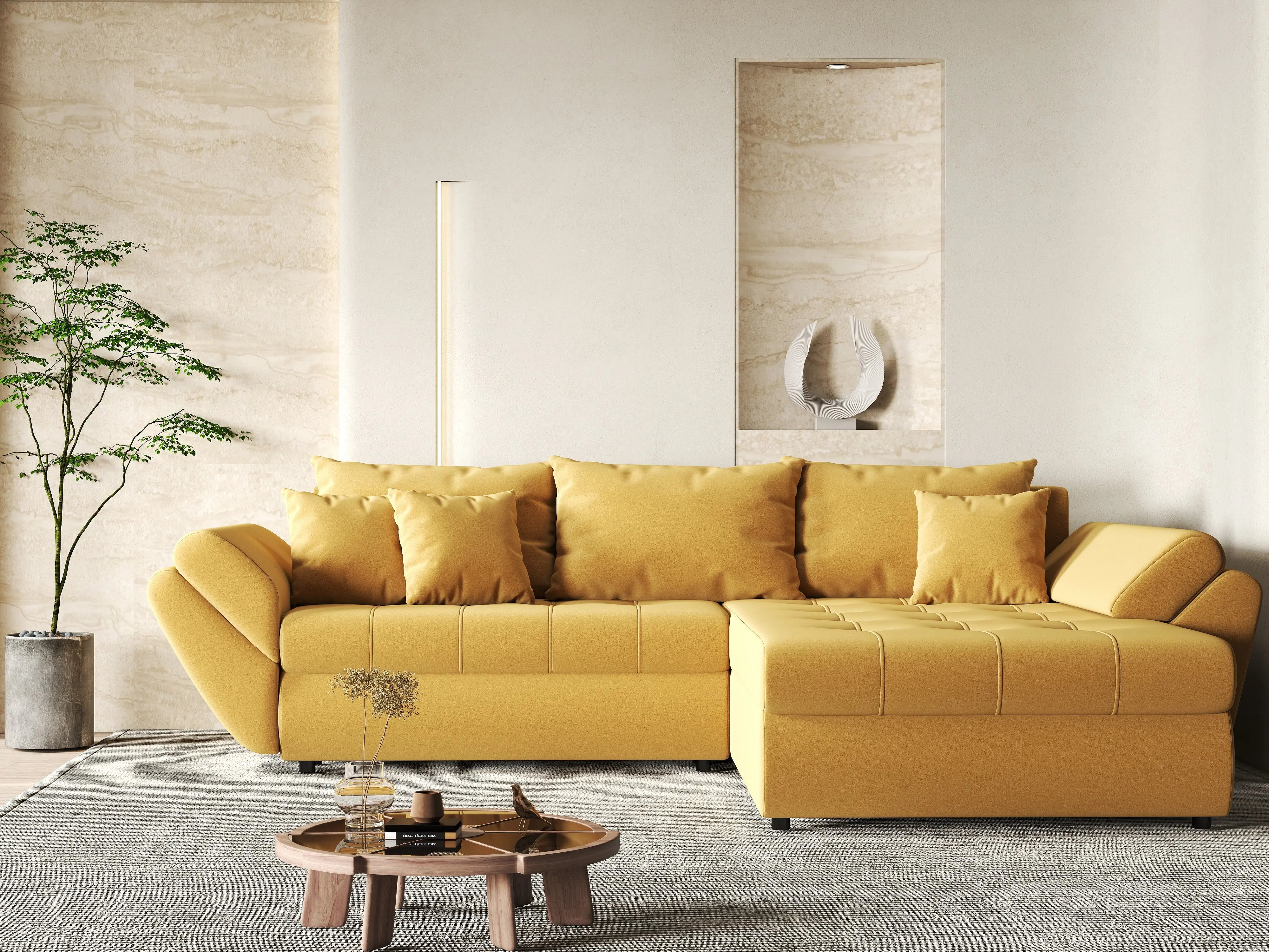 Colțar extensibil dumonde cu ladă de depozitare si sezut confortabil din spuma HR, Loana Muștar II 270x185 cm Fabrica