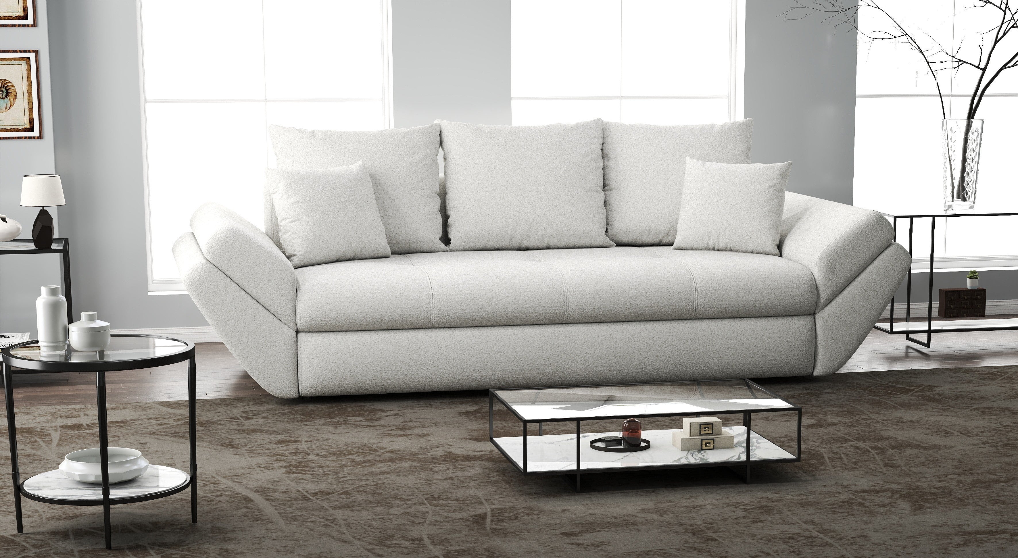 Canapea extensibilă dumonde cu ladă de depozitare si sezut confortabil din spuma HR, Loana Euphoria Ivory 250x100 cm Fabrica