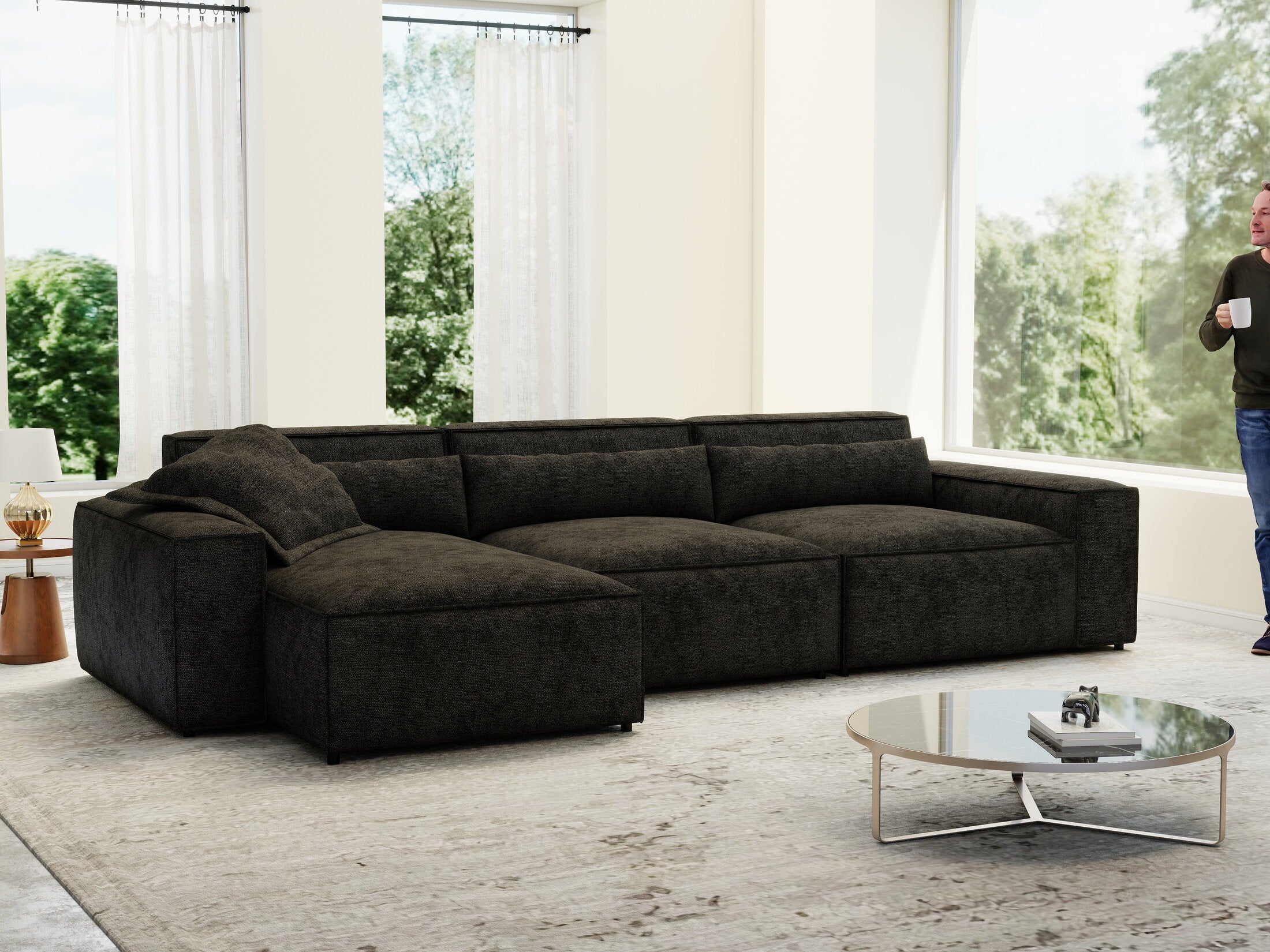 Colțar dumonde cu sezut confortabil din spuma HR, Marvelo XL Enjoy Black 366x175 cm