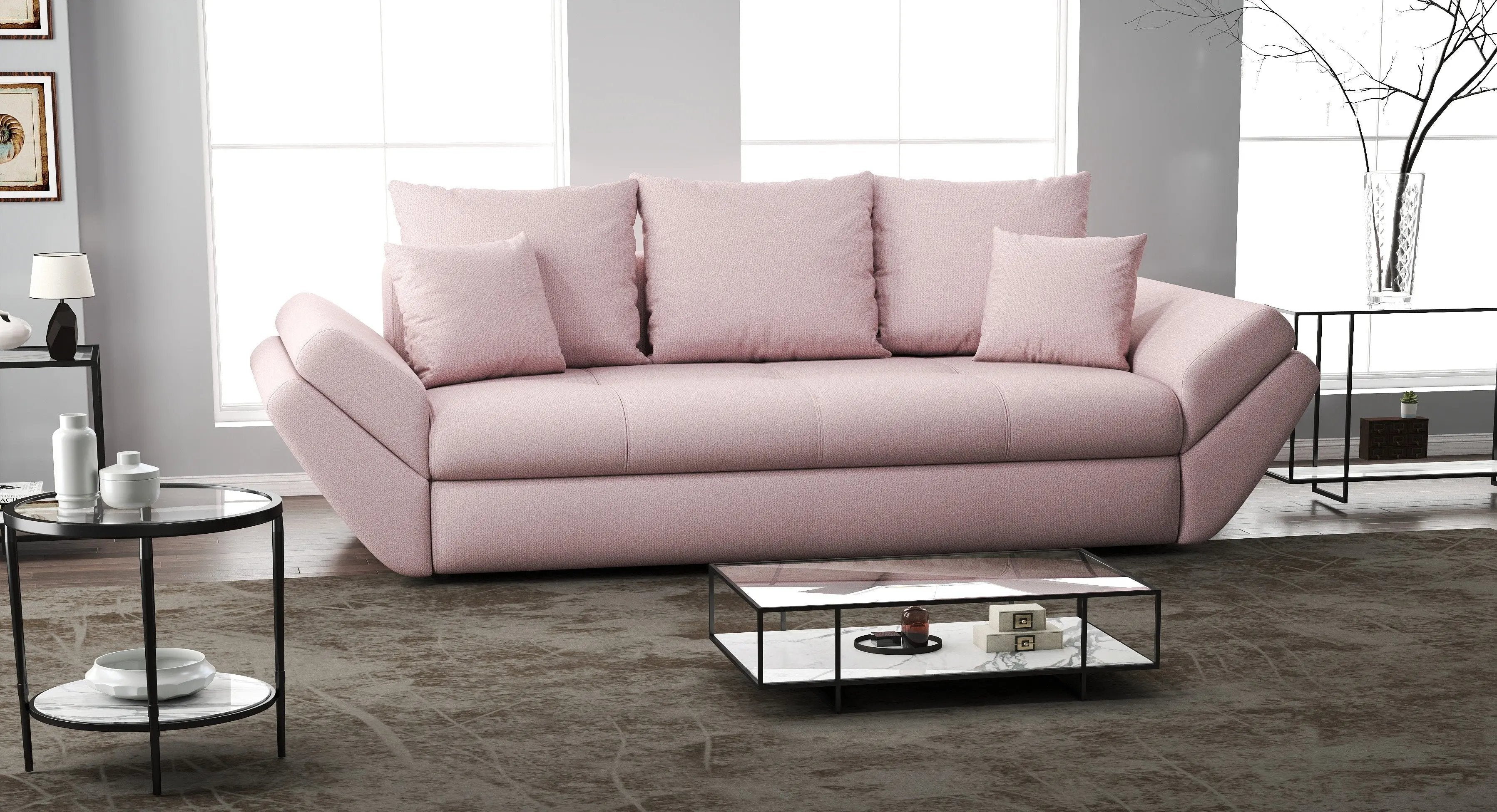 Canapea extensibilă dumonde cu ladă de depozitare si sezut confortabil din spuma HR, Loana Enjoy Flamingo 250x100 cm Fabrica