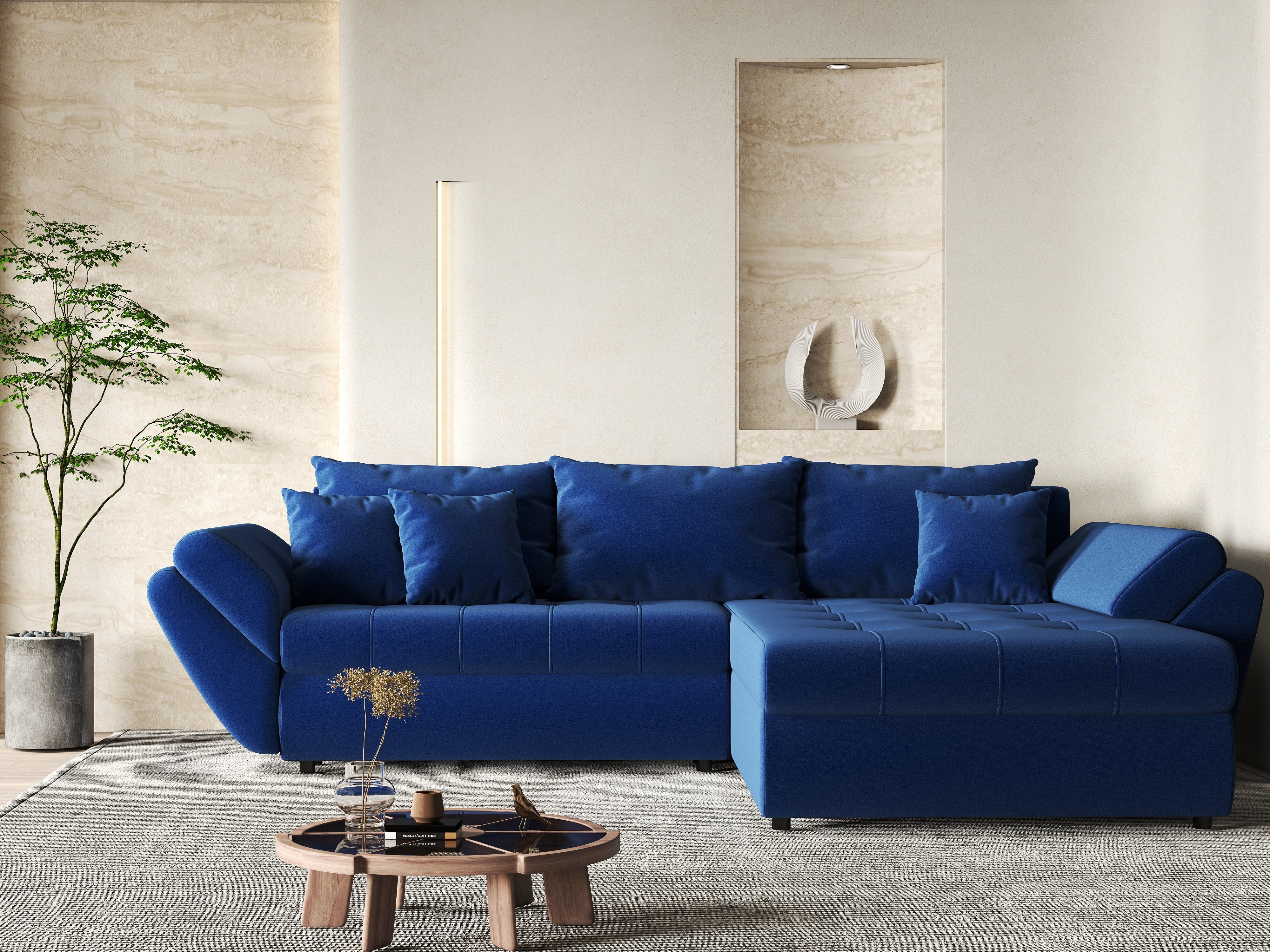 Colțar extensibil dumonde cu ladă de depozitare si sezut confortabil din spuma HR, Loana Royal Blue II 270x185 cm Fabrica