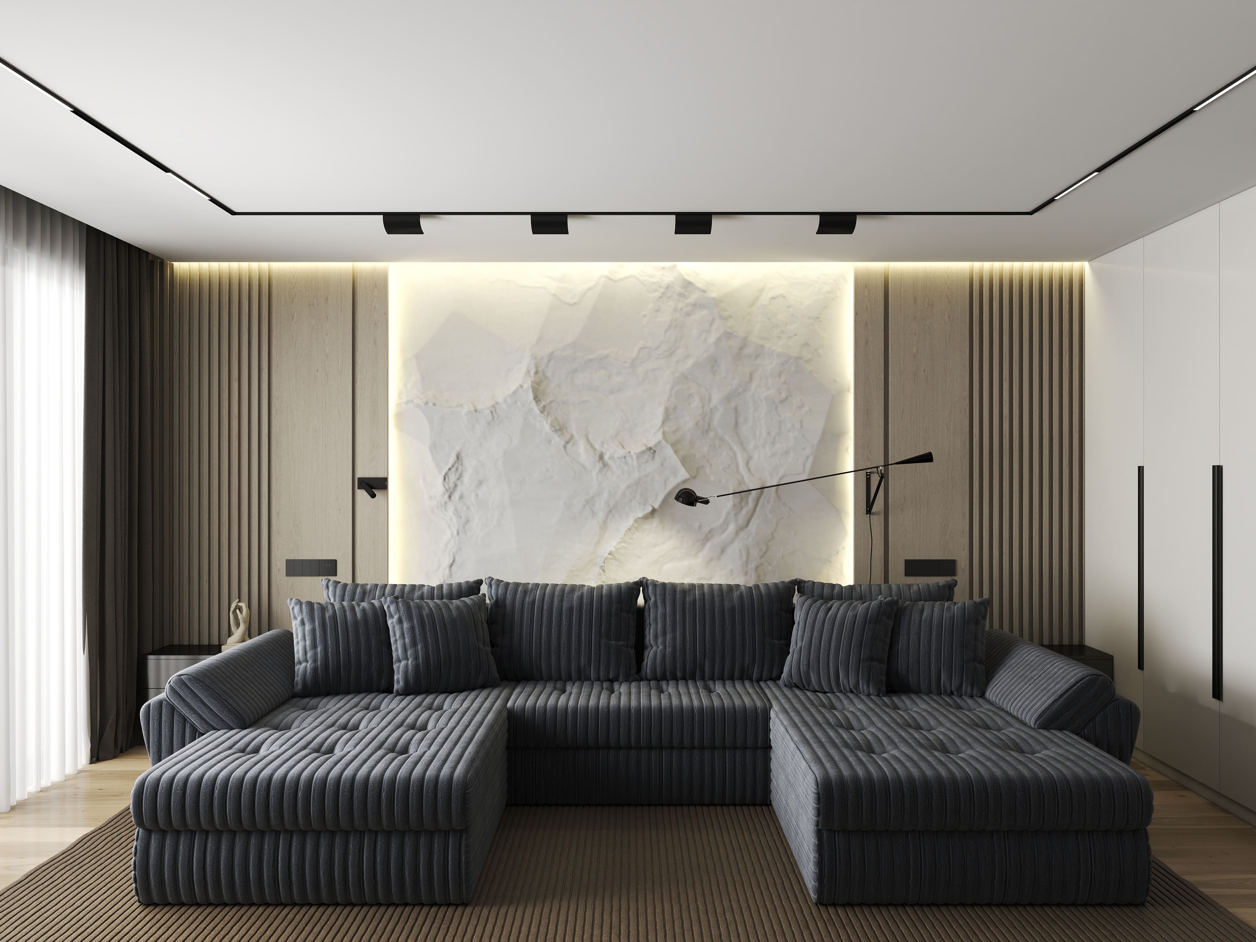 Colțar extensibil dumonde cu ladă de depozitare si sezut confortabil din spuma HR, Loana U Ambience Grey 355x185 cm Fabrica