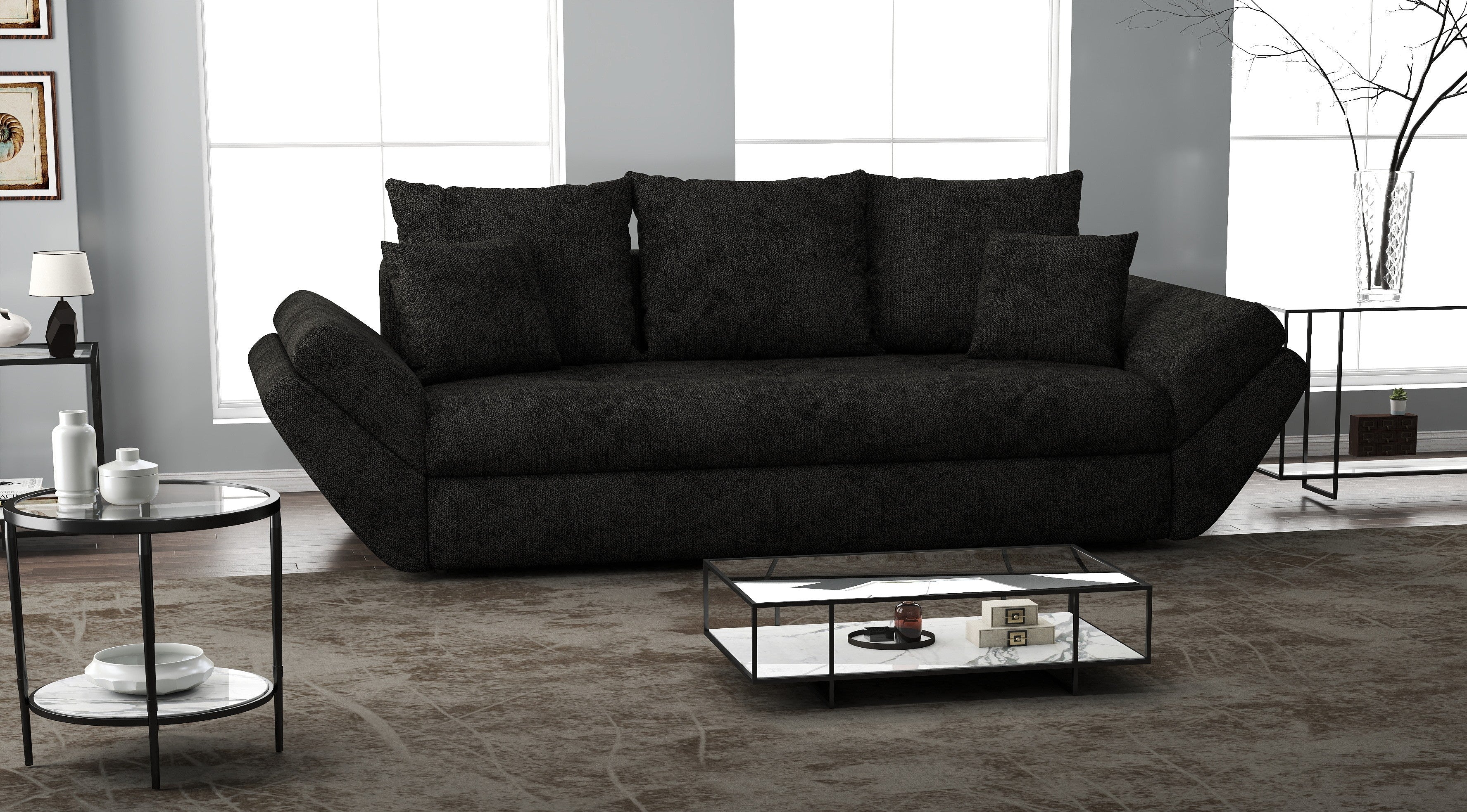 Canapea extensibilă dumonde cu ladă de depozitare si sezut confortabil din spuma HR, Loana Enjoy Black 250x100 cm Fabrica