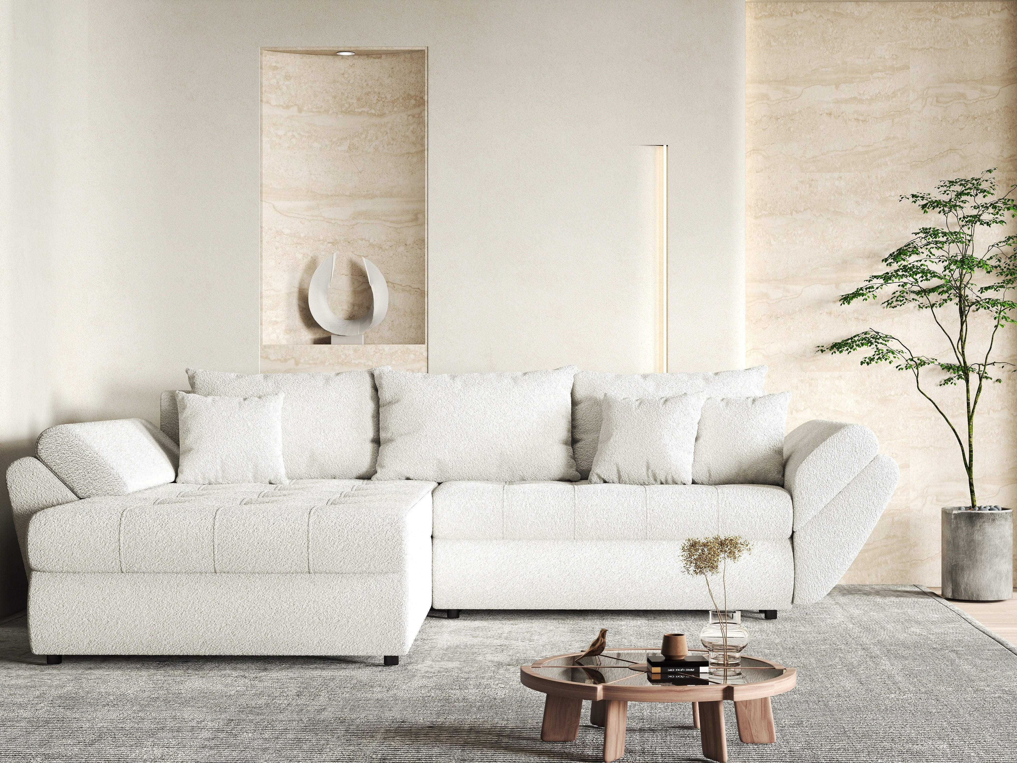 Colțar extensibil dumonde cu ladă de depozitare si sezut confortabil din spuma HR, Loana Euphoria Ivory 270x185 cm Fabrica