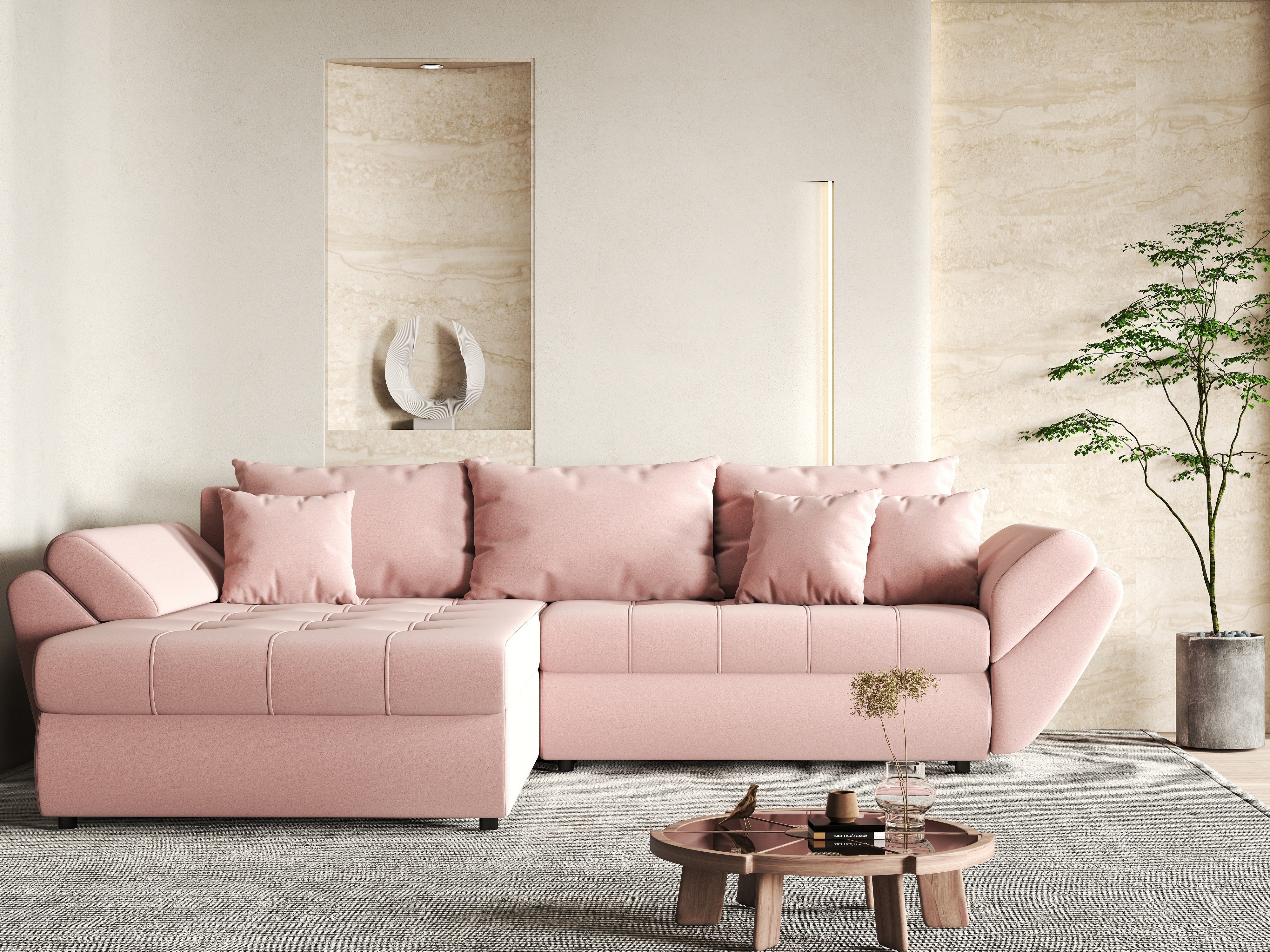 Colțar extensibil dumonde cu ladă de depozitare si sezut confortabil din spuma HR, Loana Royal Pink 270x185 cm Fabrica
