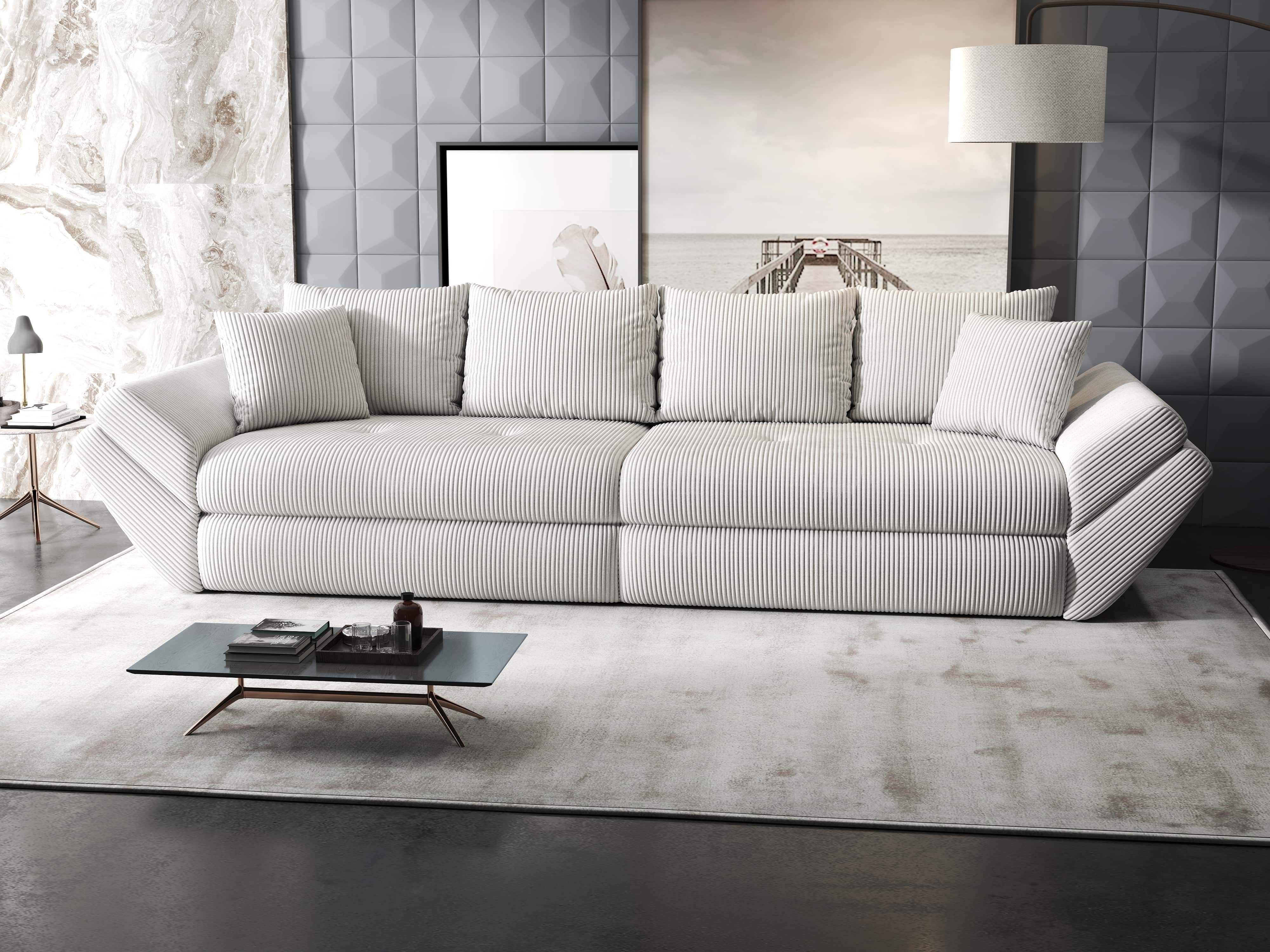 Canapea extensibilă dumonde cu ladă de depozitare si sezut confortabil din spuma HR, Loana Zoom Cream 300x100 cm Fabrica