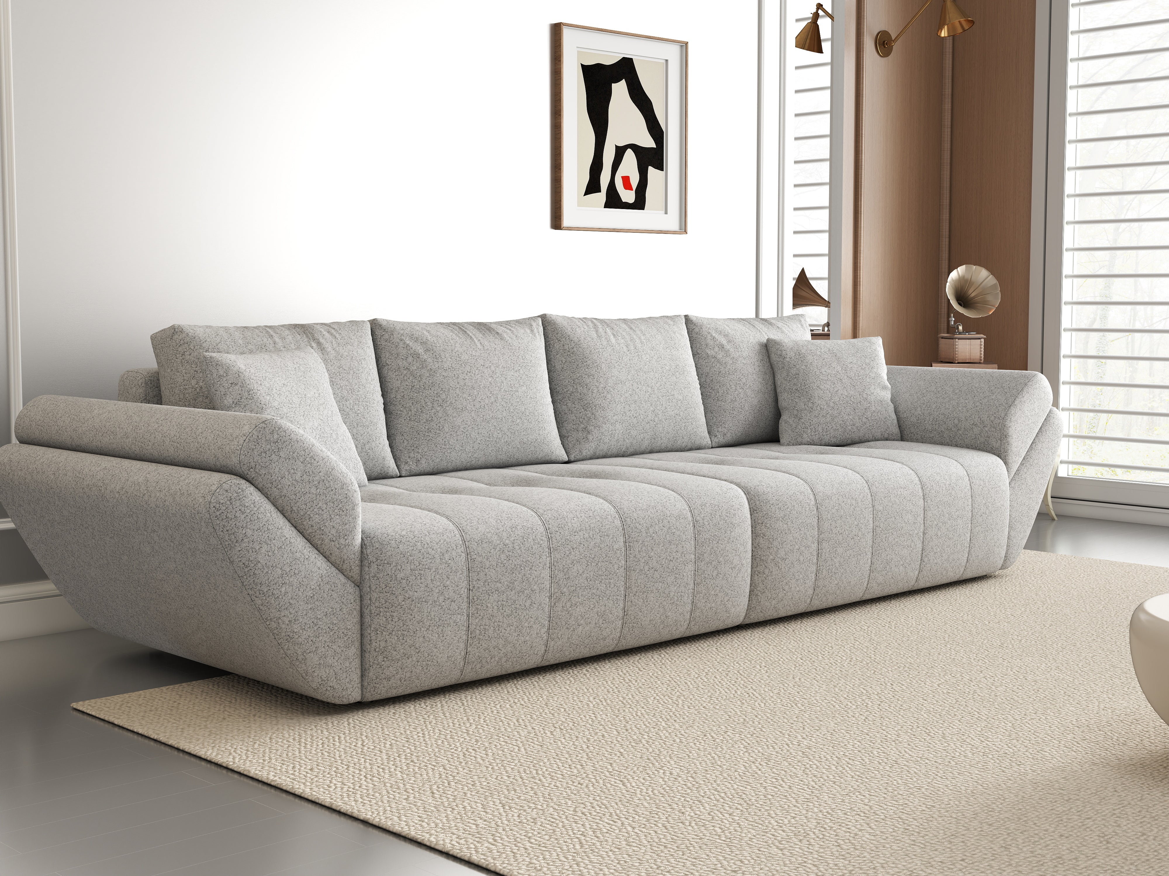 Canapea extensibilă dumonde cu ladă de depozitare si sezut confortabil din spuma HR, Berlin Euphoria Dove 300x100 cm Fabrica