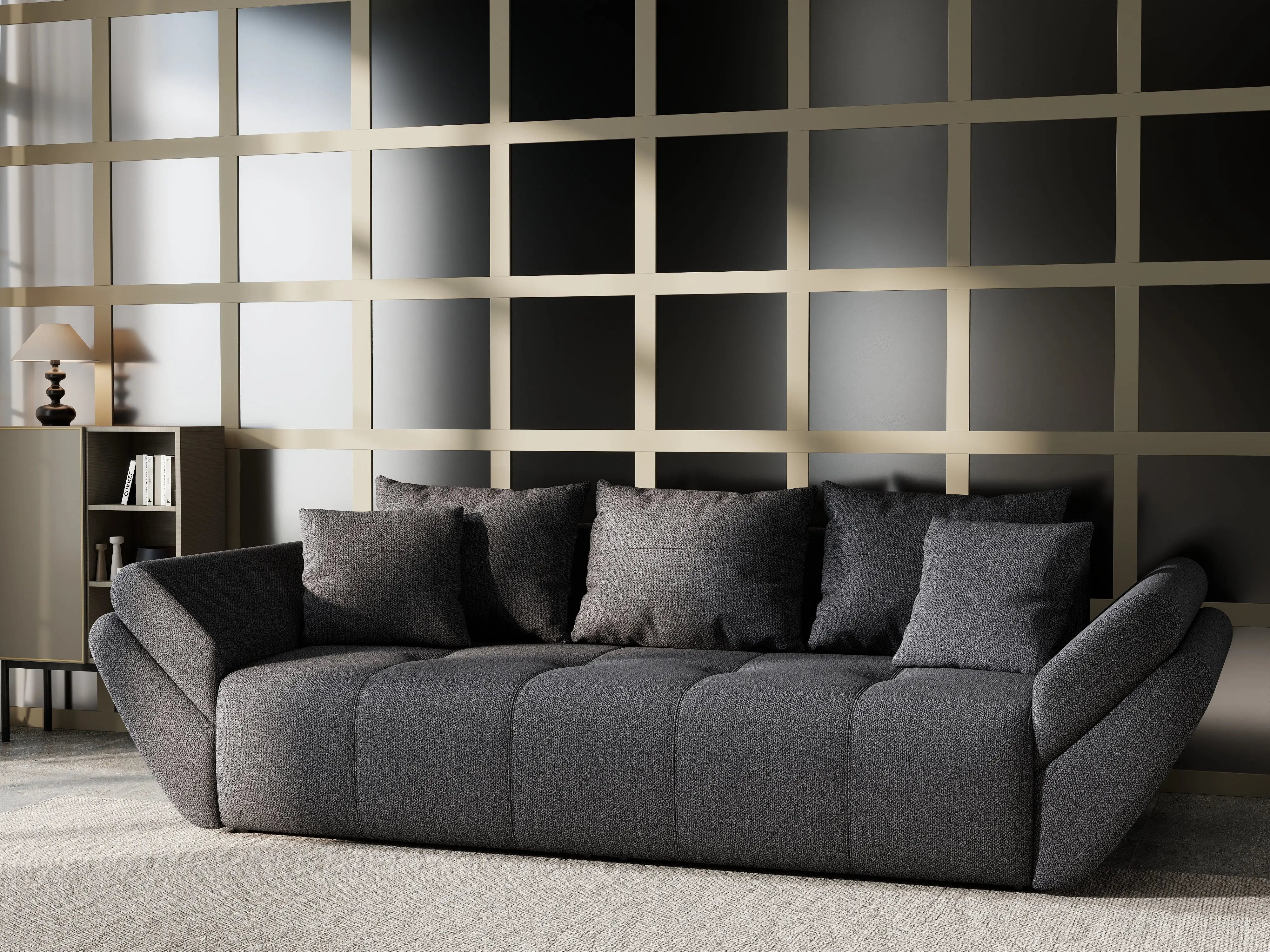 Canapea extensibilă dumonde cu ladă de depozitare si sezut confortabil din spuma HR, Berlin Enjoy Graphite 250x100 cm Fabrica