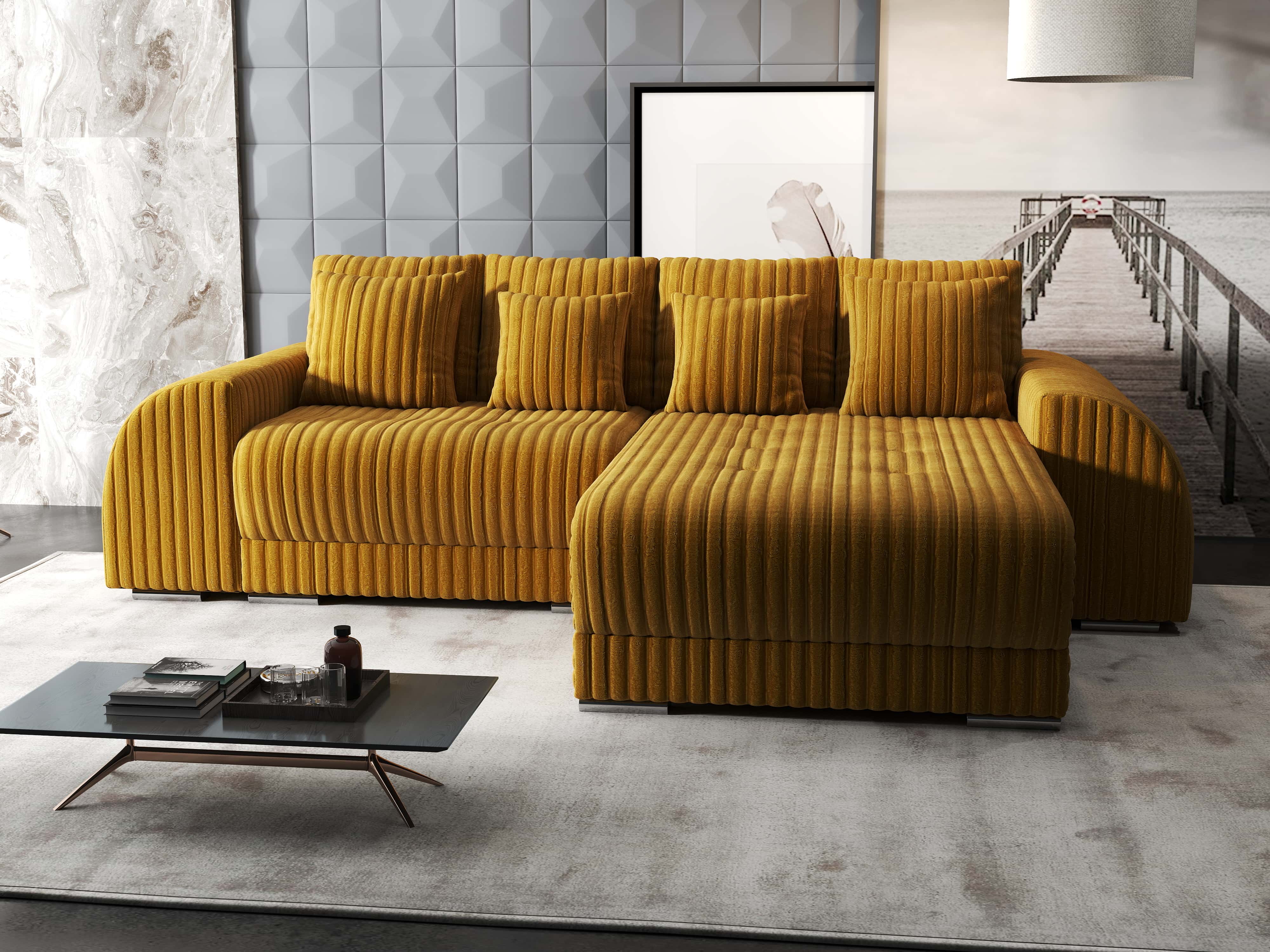 Colțar extensibil dumonde cu ladă de depozitare si sezut confortabil din spuma HR, Verona Ambience Mustar II 290x185 cm Fabrica