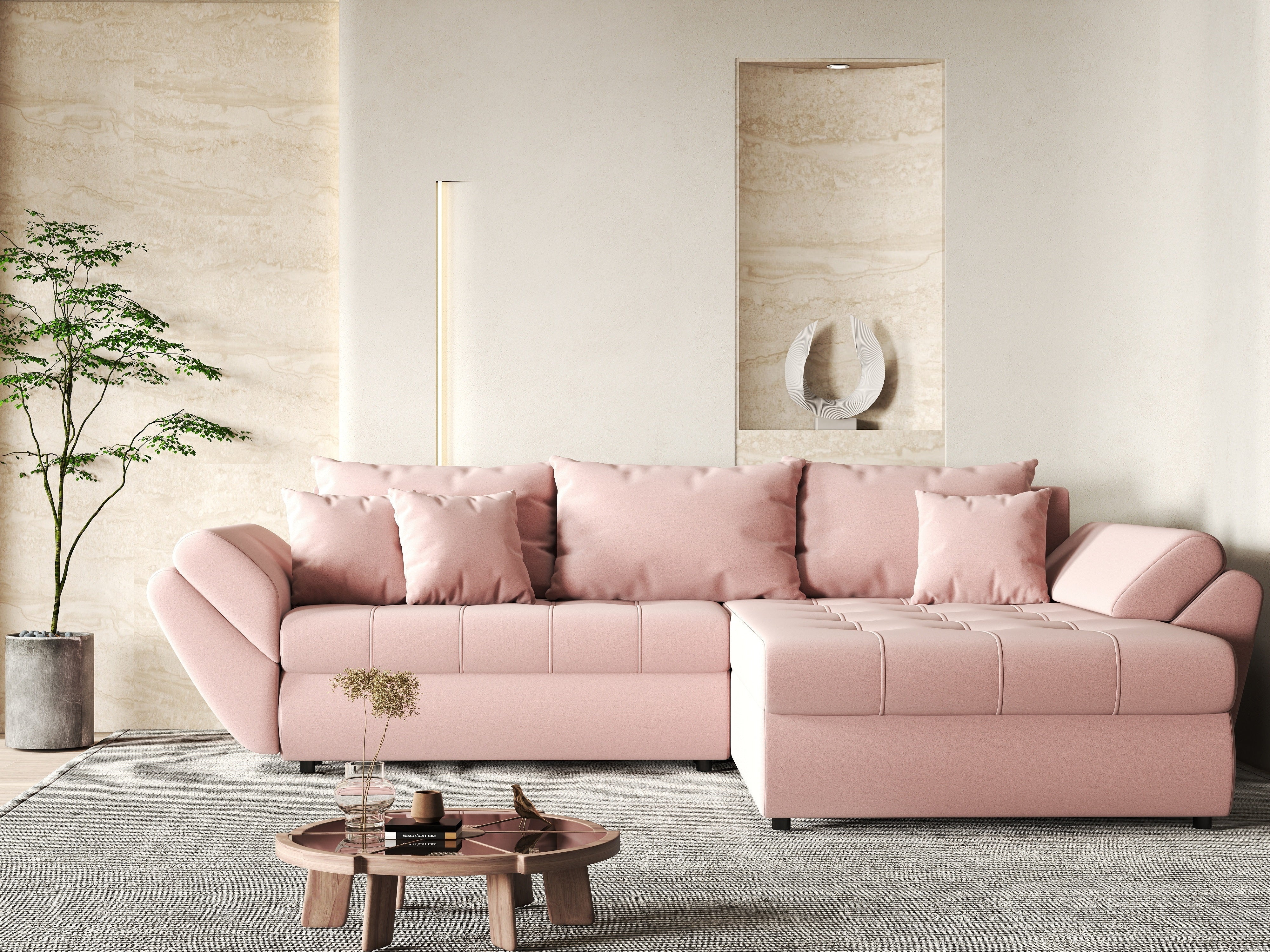 Colțar extensibil dumonde cu ladă de depozitare si sezut confortabil din spuma HR, Loana Royal Pink II 270x185 cm Fabrica