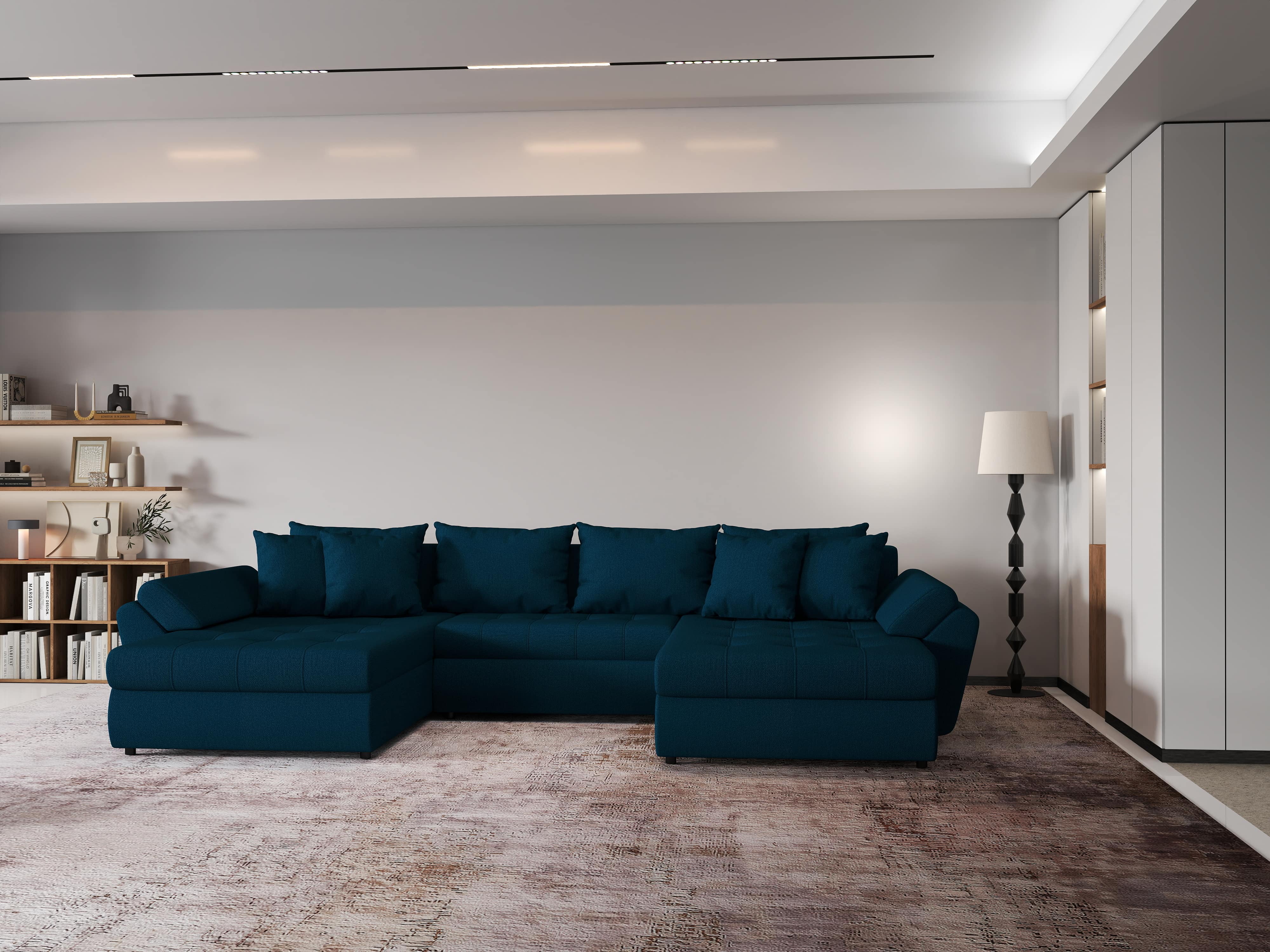 Colțar extensibil dumonde cu ladă de depozitare si sezut confortabil din spuma HR, Loana U Enjoy Petrol 355x185 cm Fabrica