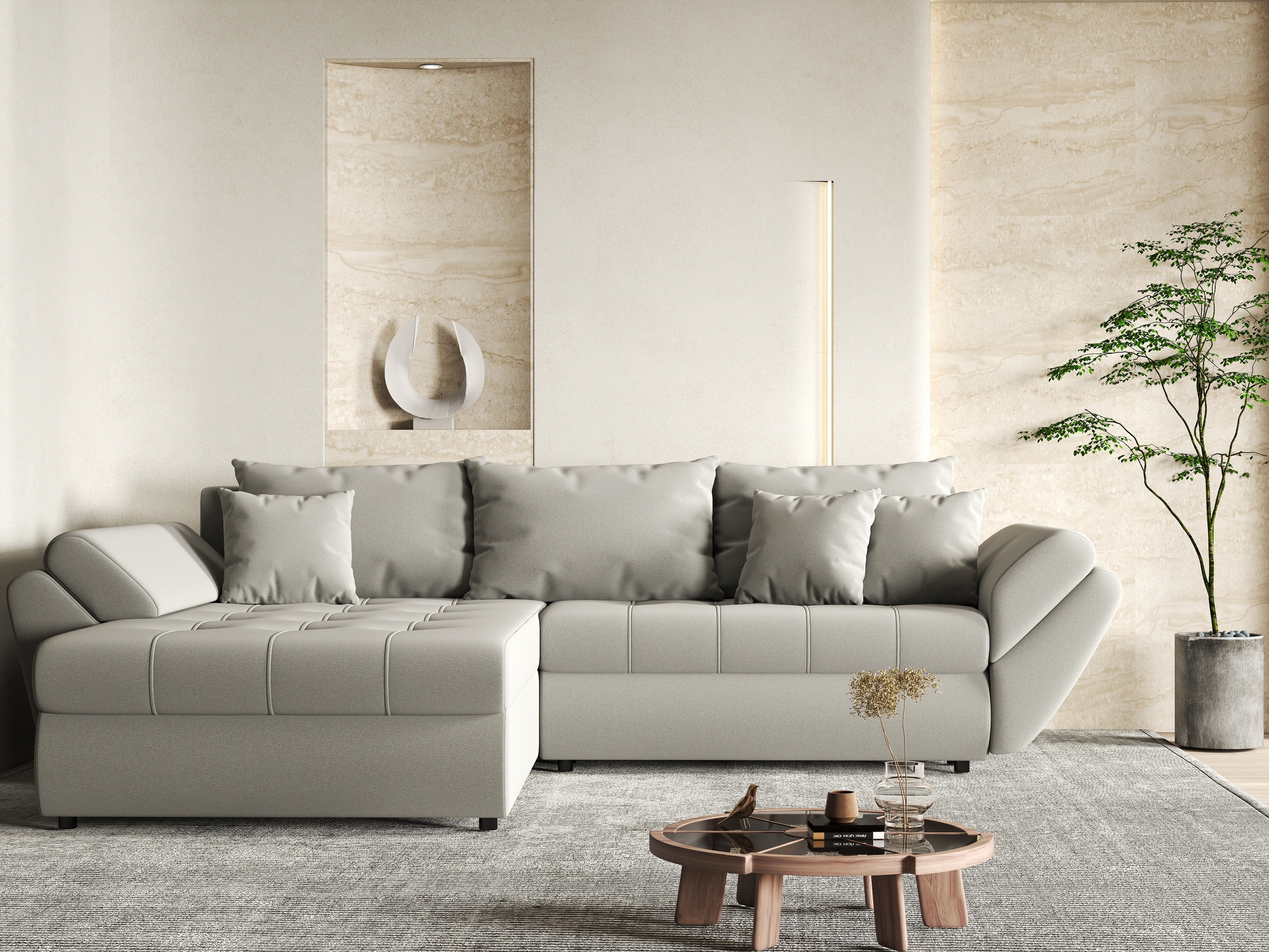 Colțar extensibil dumonde cu ladă de depozitare si sezut confortabil din spuma HR, Loana Royal Grey 270x185 cm Fabrica