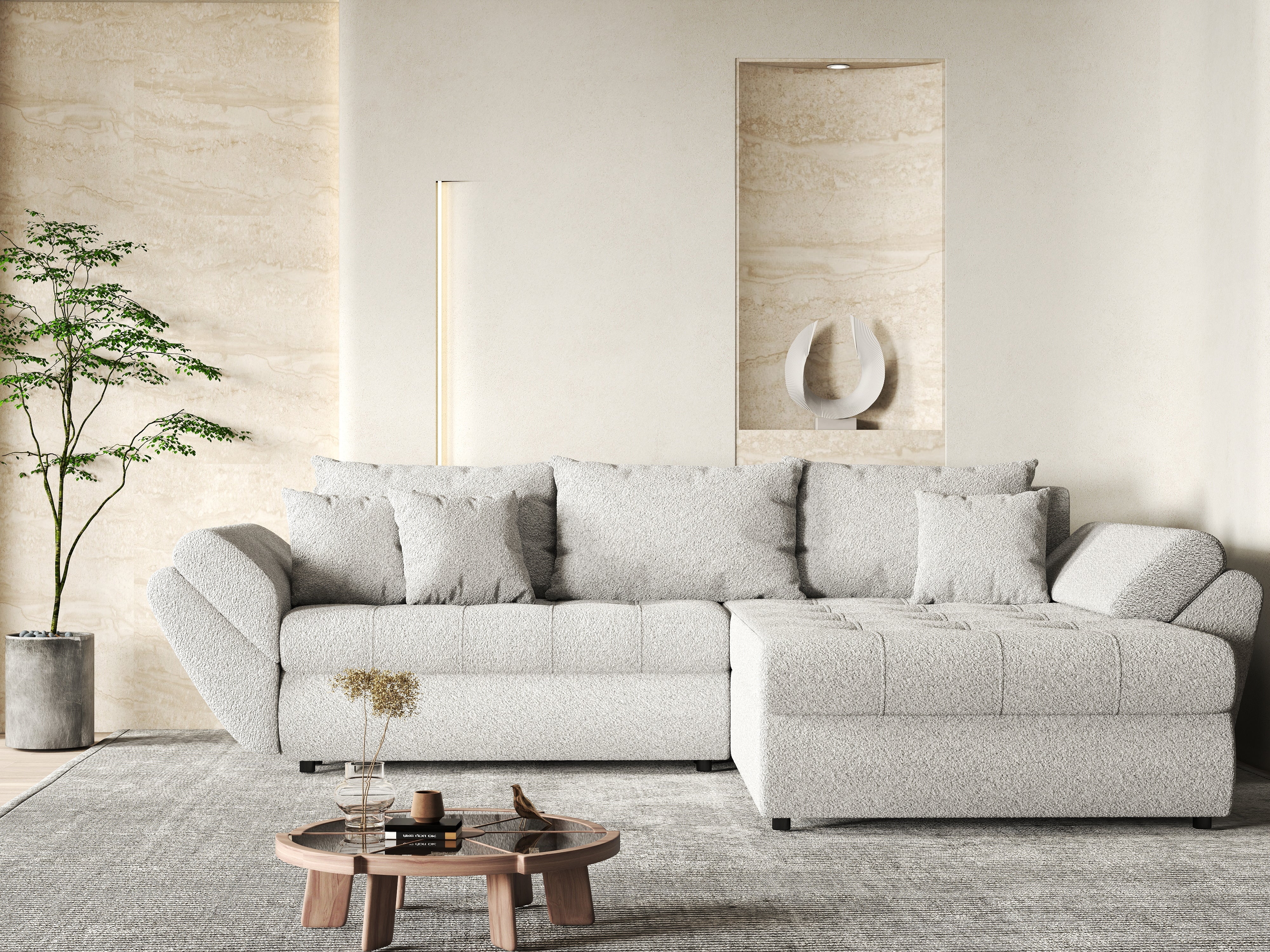 Colțar extensibil dumonde cu ladă de depozitare si sezut confortabil din spuma HR, Loana Euphoria Dove II 270x185 cm Fabrica