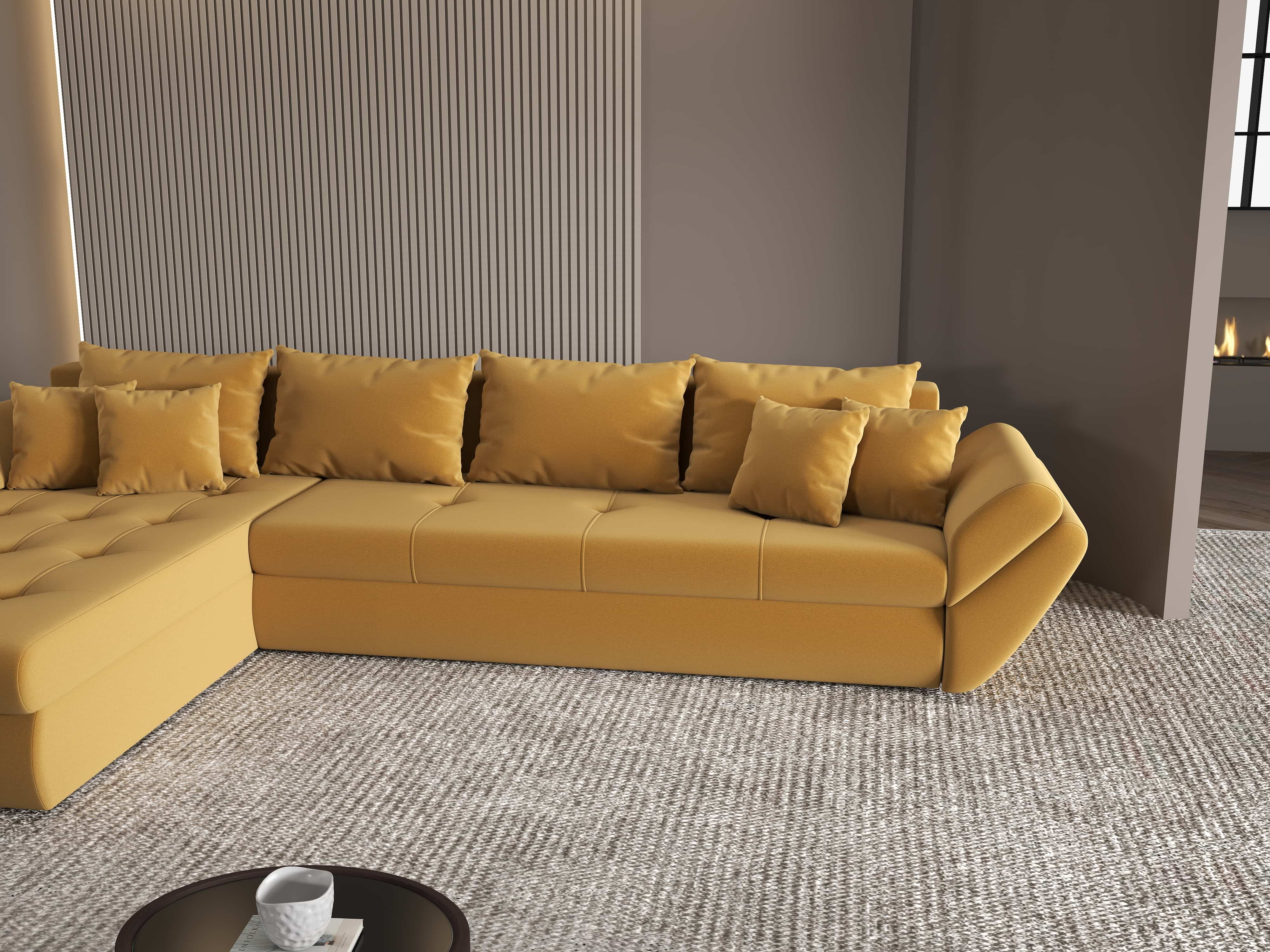 Colțar extensibil dumonde cu ladă de depozitare si sezut confortabil din spuma HR, Loana XL Royal Mustar 335x185 cm Fabrica