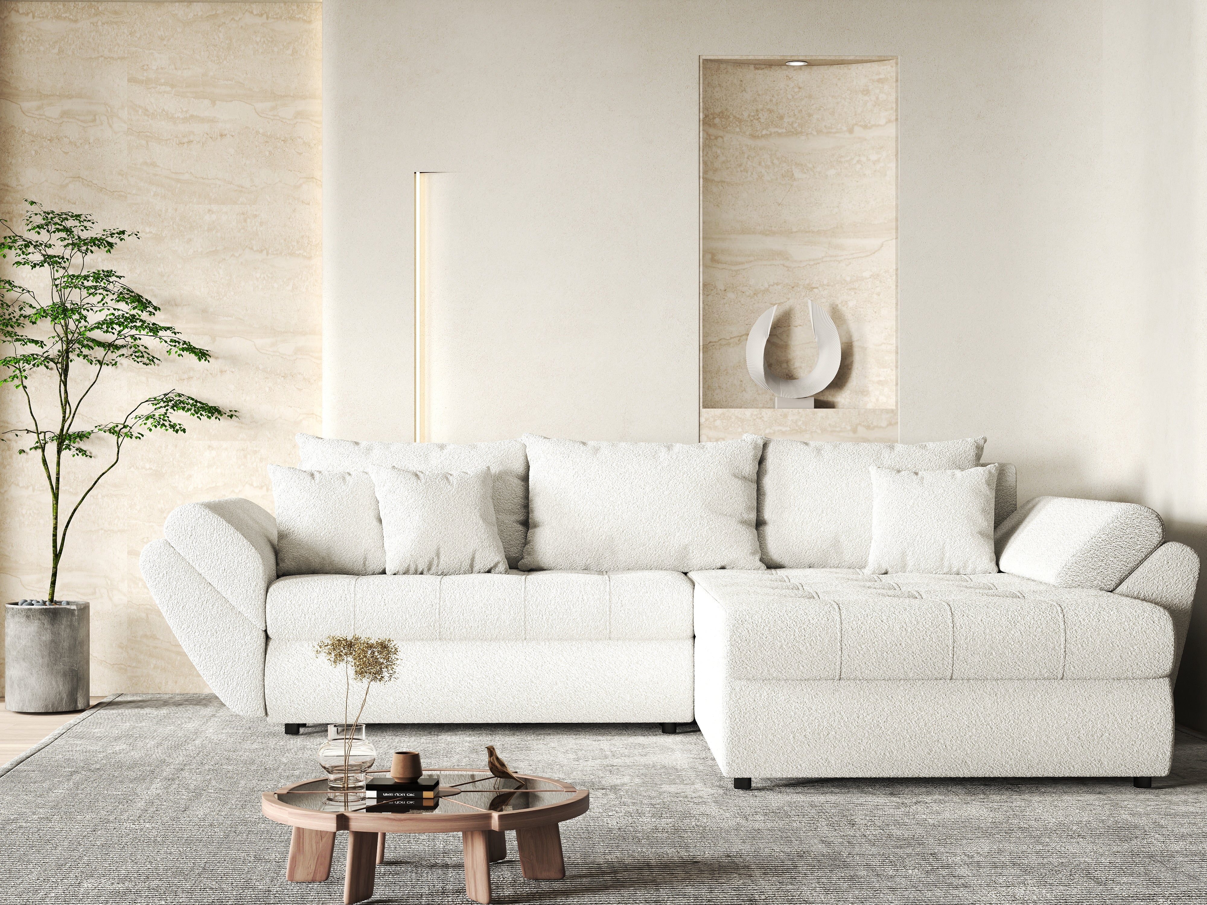 Colțar extensibil dumonde cu ladă de depozitare si sezut confortabil din spuma HR, Loana Euphoria Ivory II 270x185 cm Fabrica