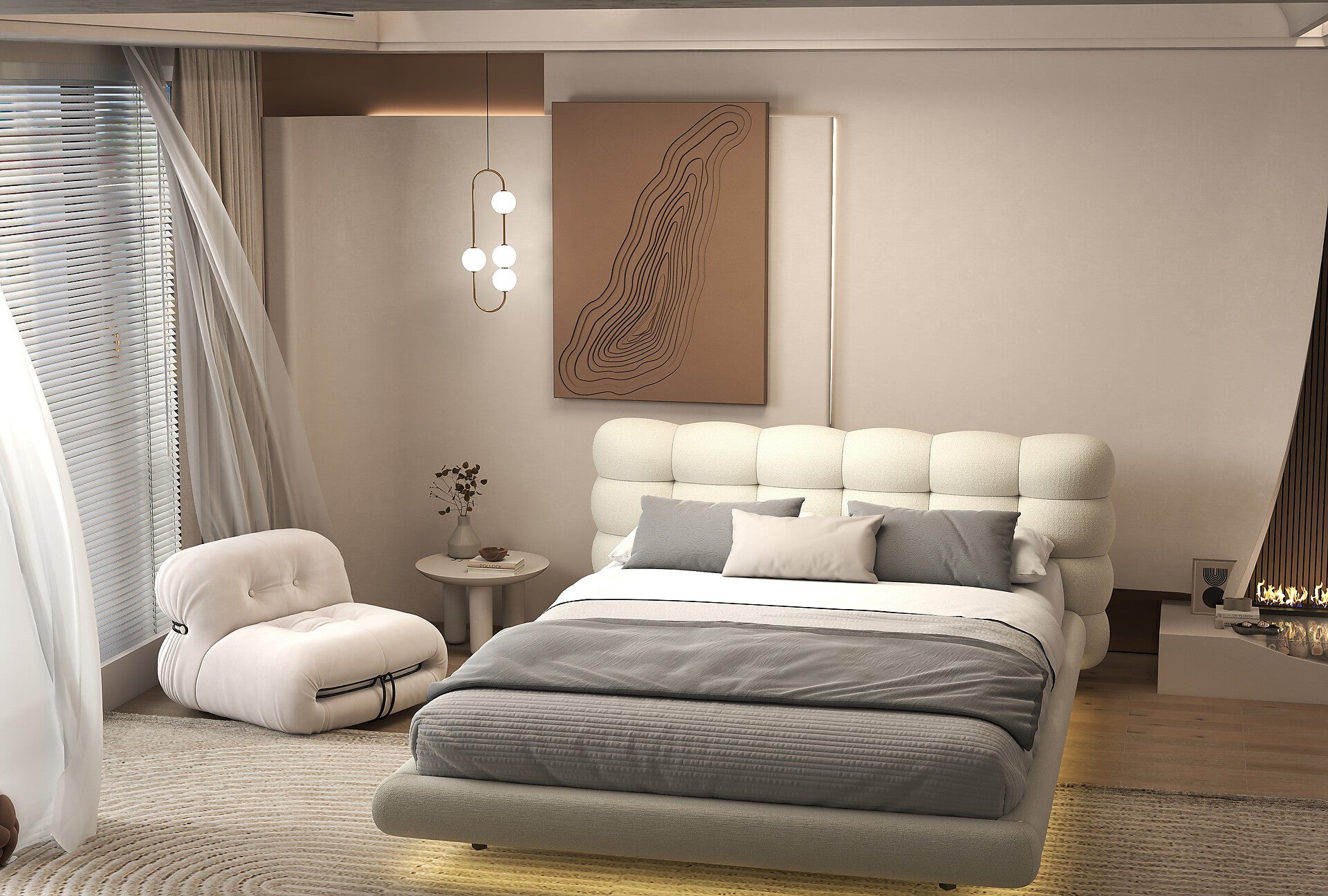 Pat dormitor dumonde, tapitat alb cu LED, "floating bed" Cloud 160x200 cm, somiera inclusa