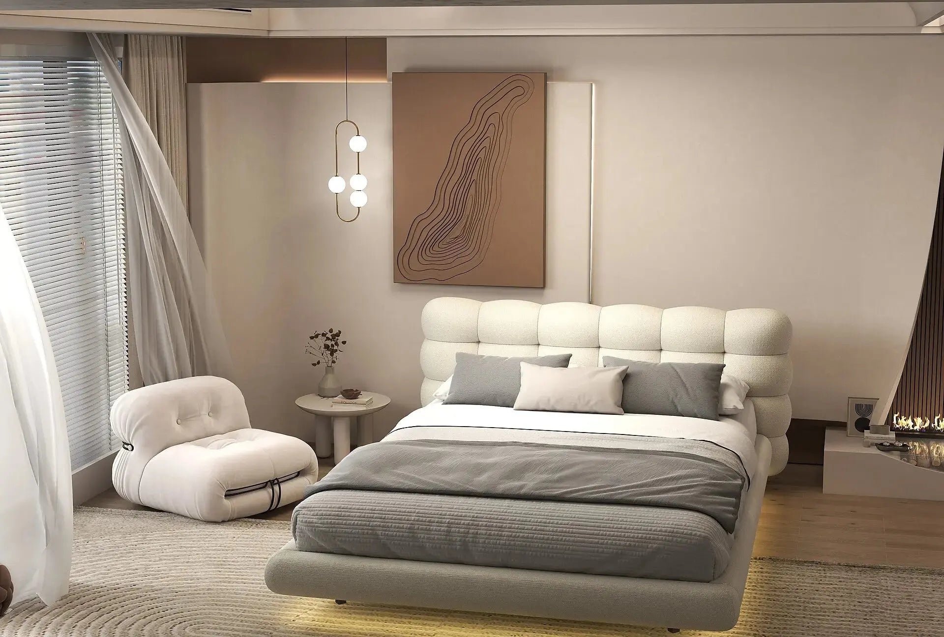 Pat dormitor dumonde, tapitat gri cu LED, "floating bed" Cloud 180x200 cm, somiera inclusa WLS
