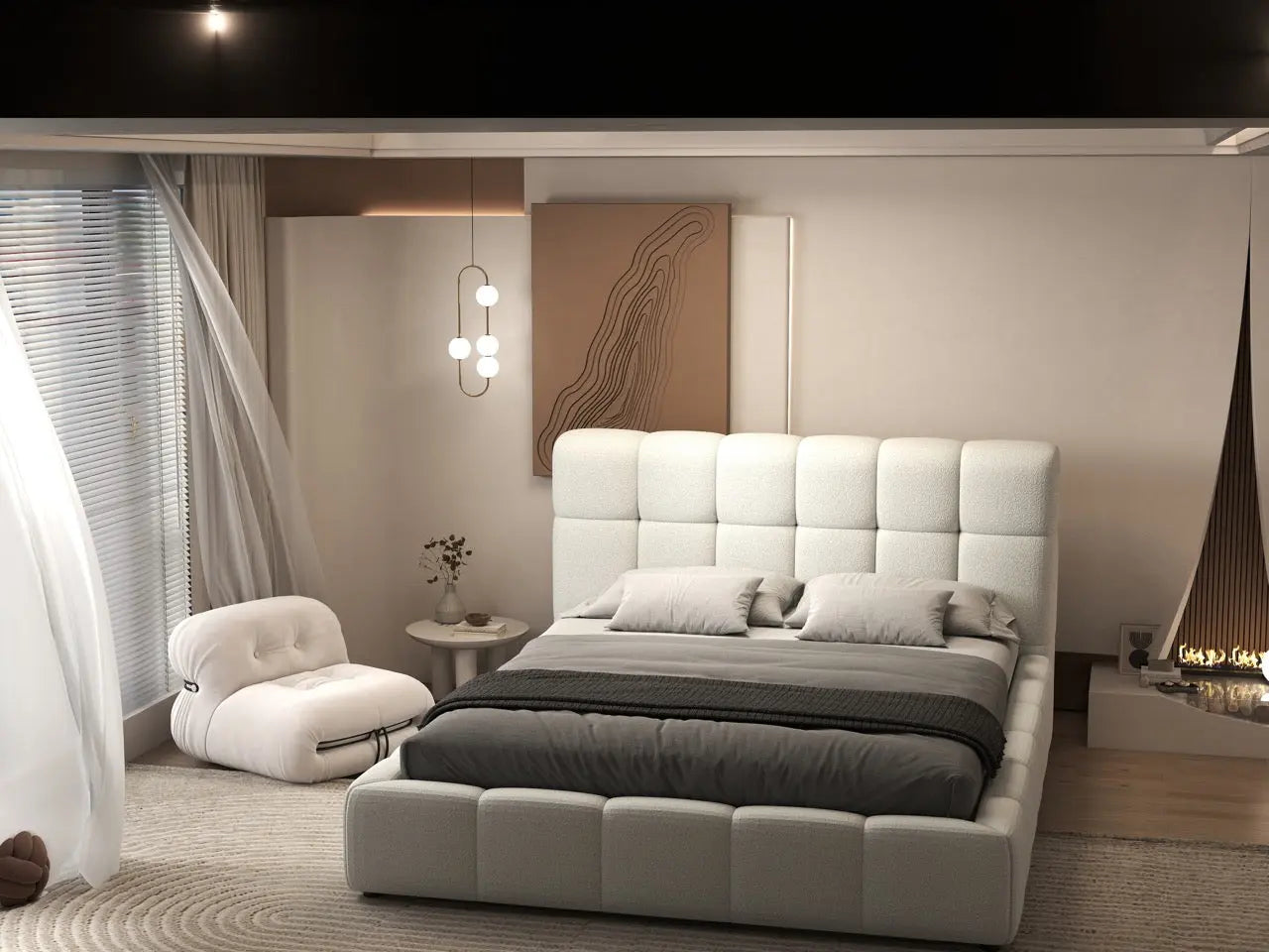 Pat dormitor dumonde, tapitat alb, Lorenzo 180x200 cm, somiera rabatabila inclusa, spatiu depozitare WLS