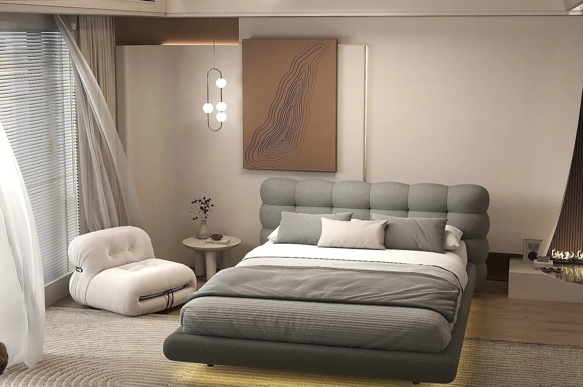 Pat dormitor dumonde, tapitat gri cu LED, "floating bed" Cloud 160x200 cm, somiera inclusa WLS