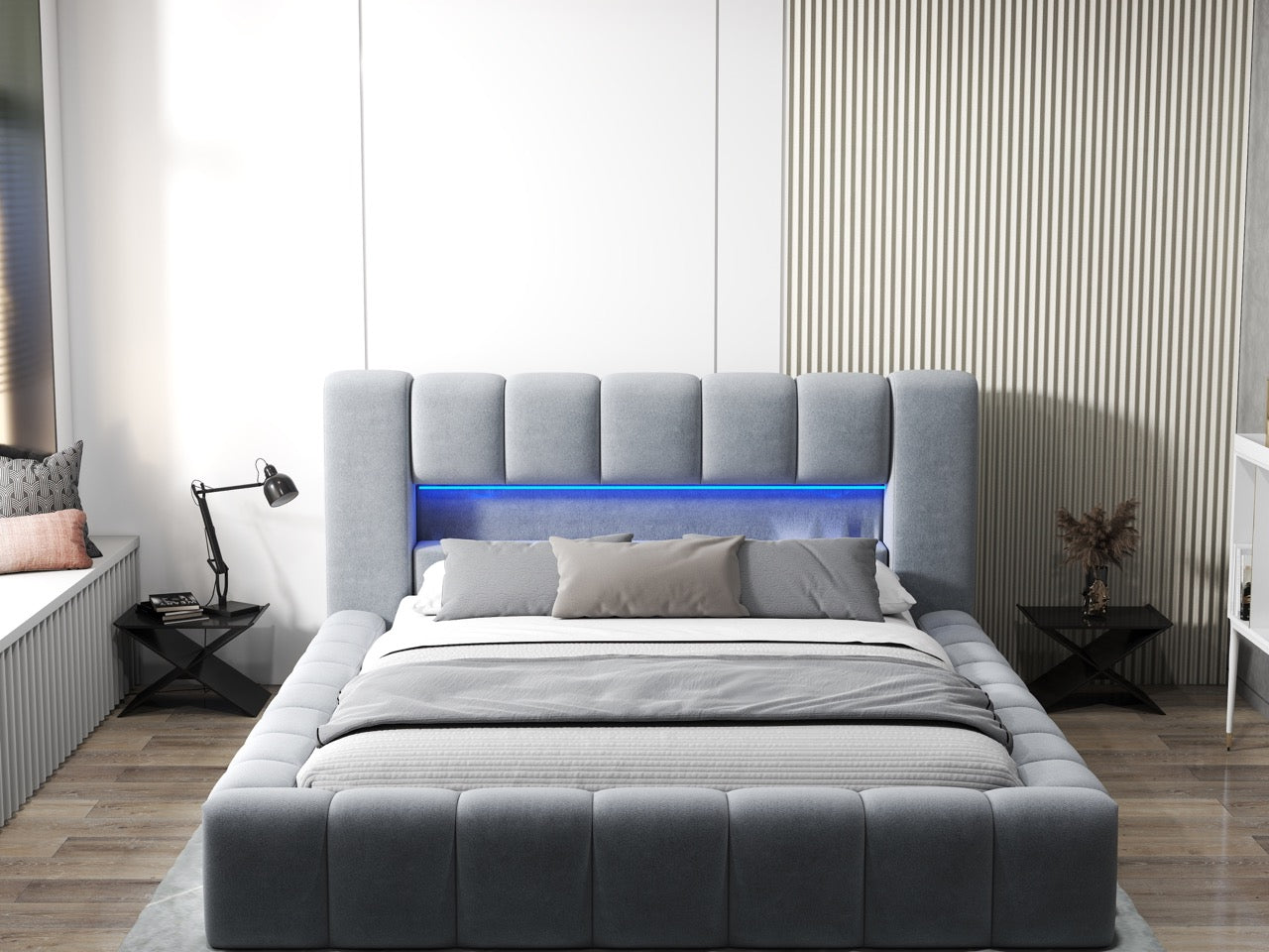 Pat dormitor dumonde, tapitat gri cu LED si USB, Palermo 160x200 cm, somiera rabatabila inclusa, spatiu depozitare WLS