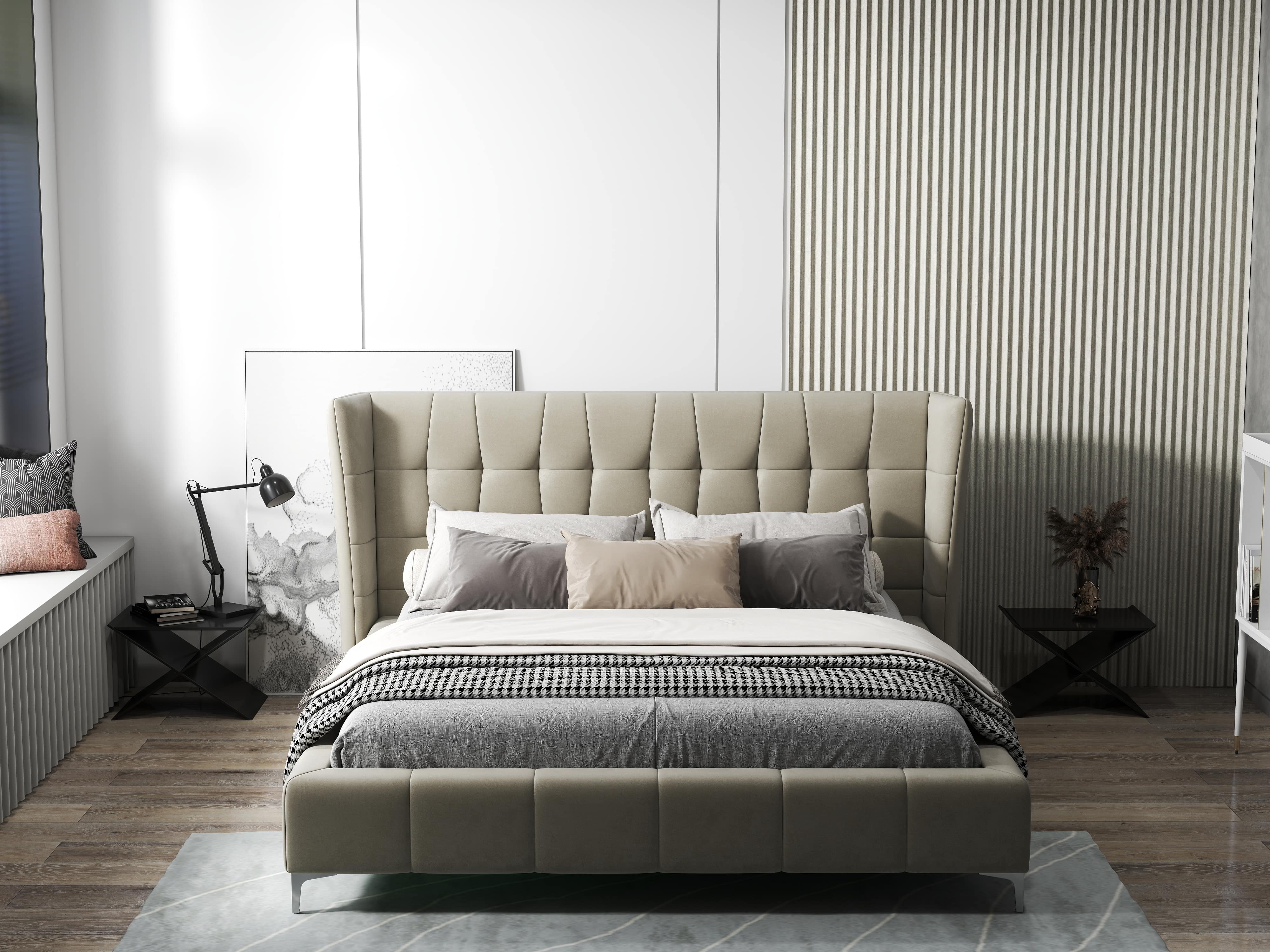 Pat dormitor dumonde, tapitat bej, Bellagio 180x200 cm, somiera fixa inclusa WLS